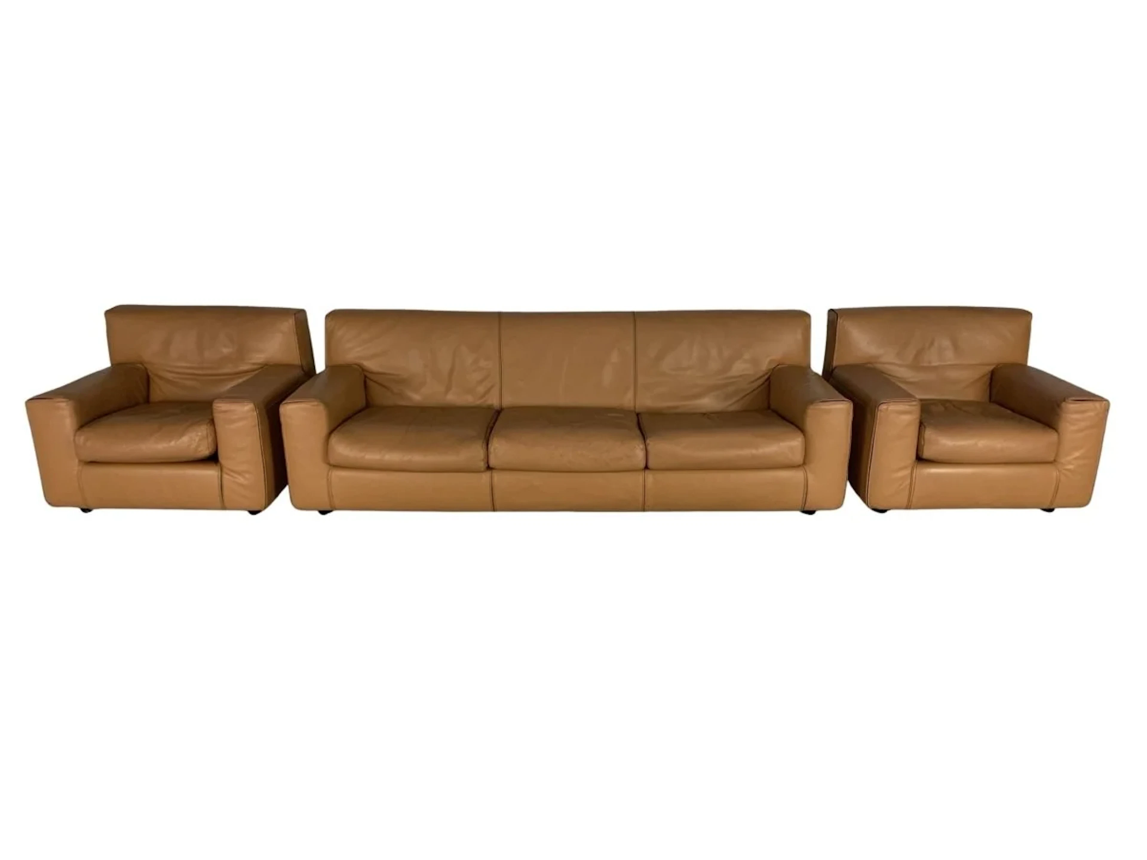 Cassina Sofa & 2 Armchairs - In Tan Brown Leather