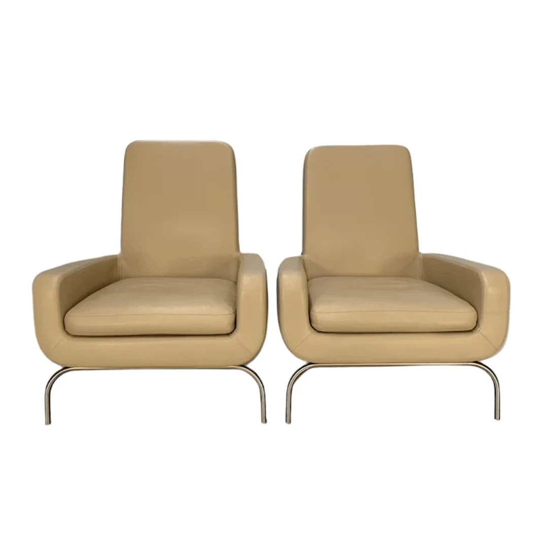 Minotti Dubuffet Armchair - In Taupe Pelle Leather, Set of Two