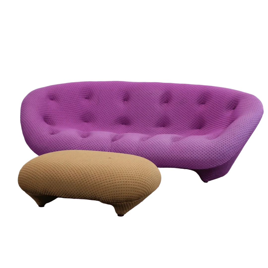 Ligne Roset High Back Magenta Ploum Sofa and Yellow Ottoman by Ronan