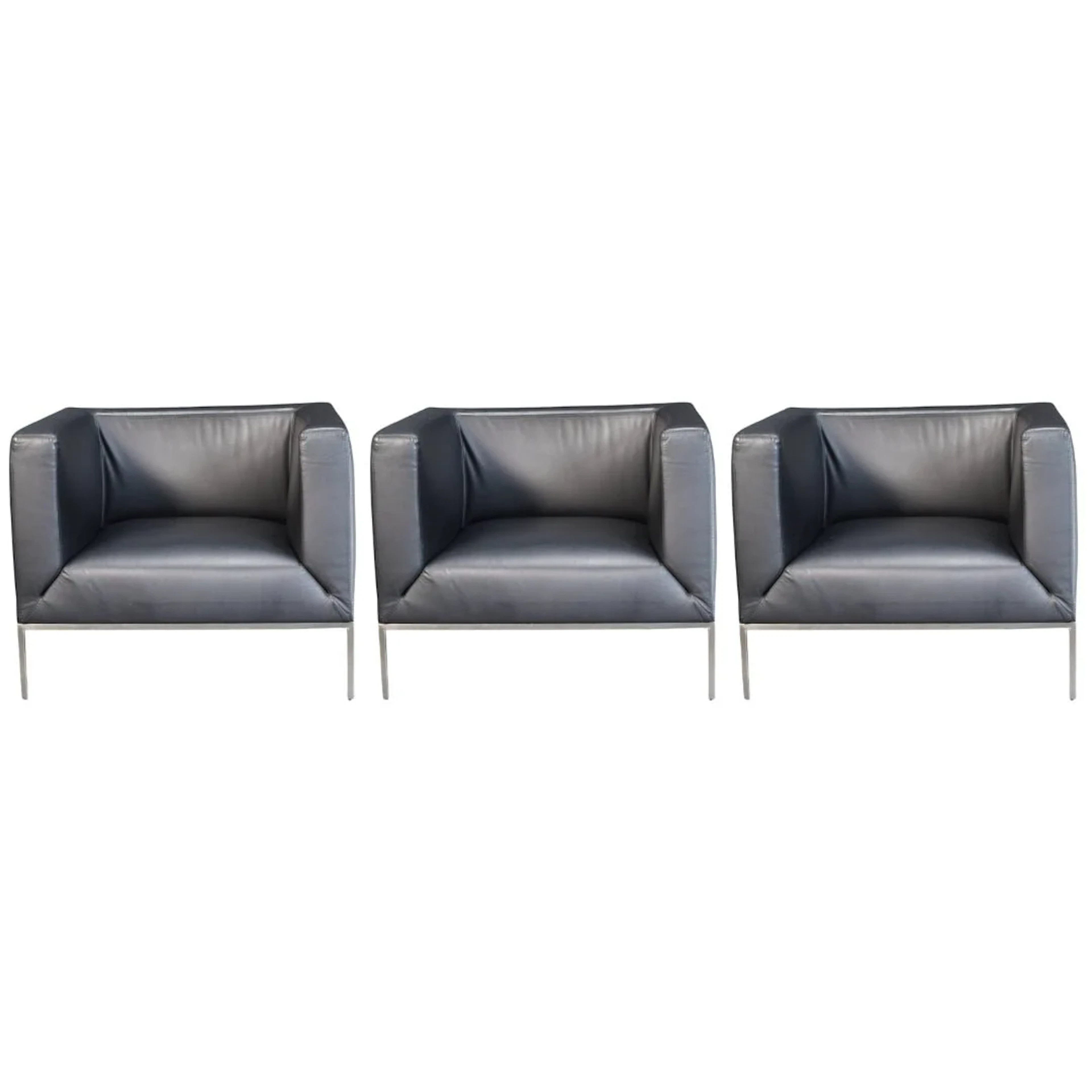 Paari Design Black Leather Armchair, Set of Three