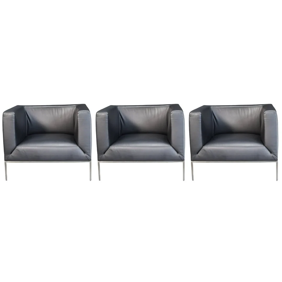 Paari Design Black Leather Armchair, Set of Three