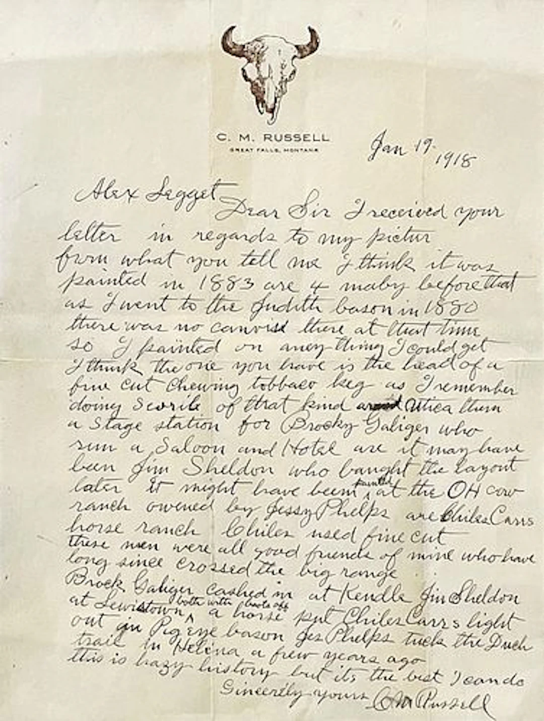 Charles M. Russell (1864 – 1926) – Alex Legget Letter (1918)