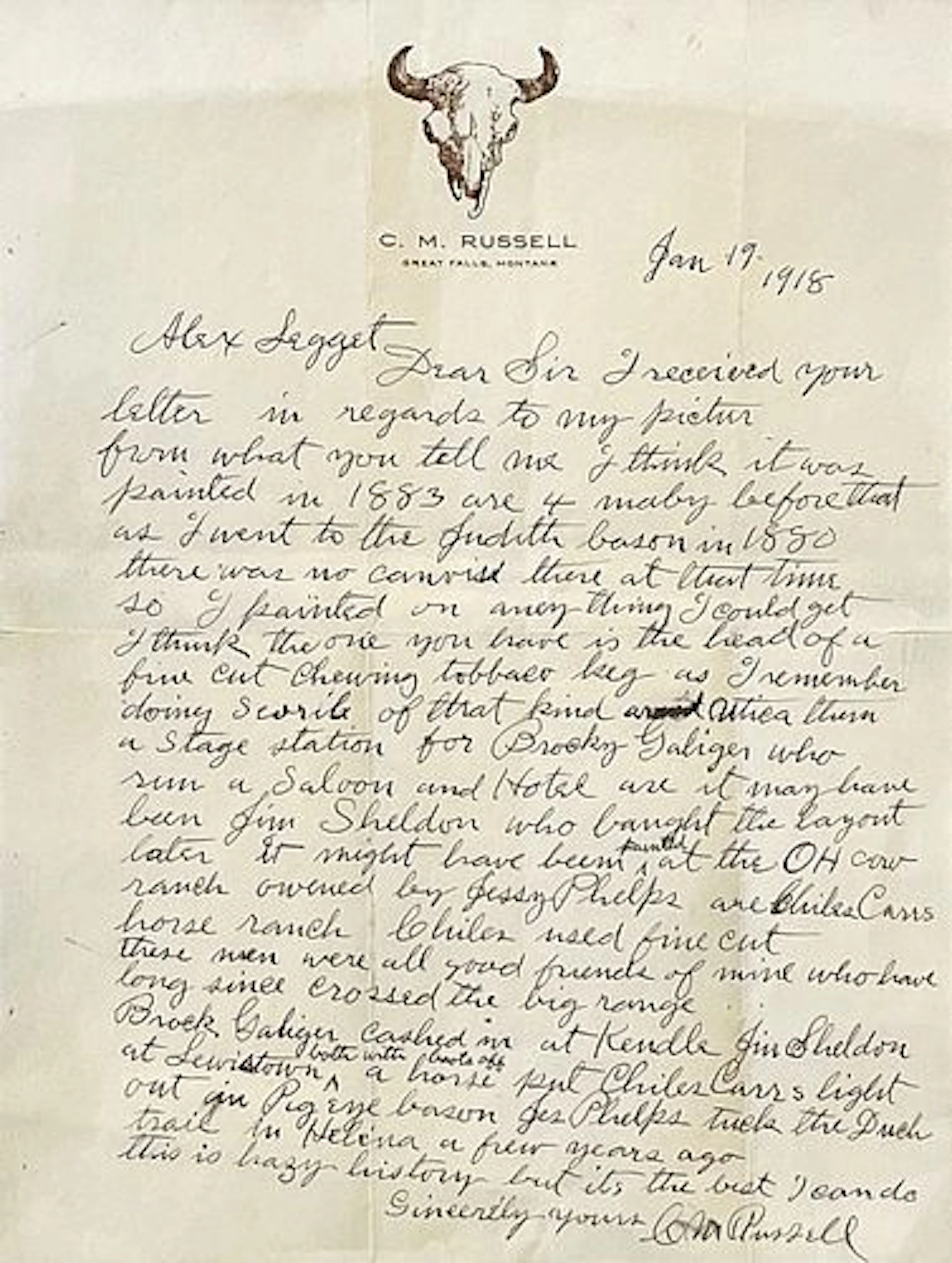 Charles M. Russell (1864 – 1926) – Alex Legget Letter (1918)