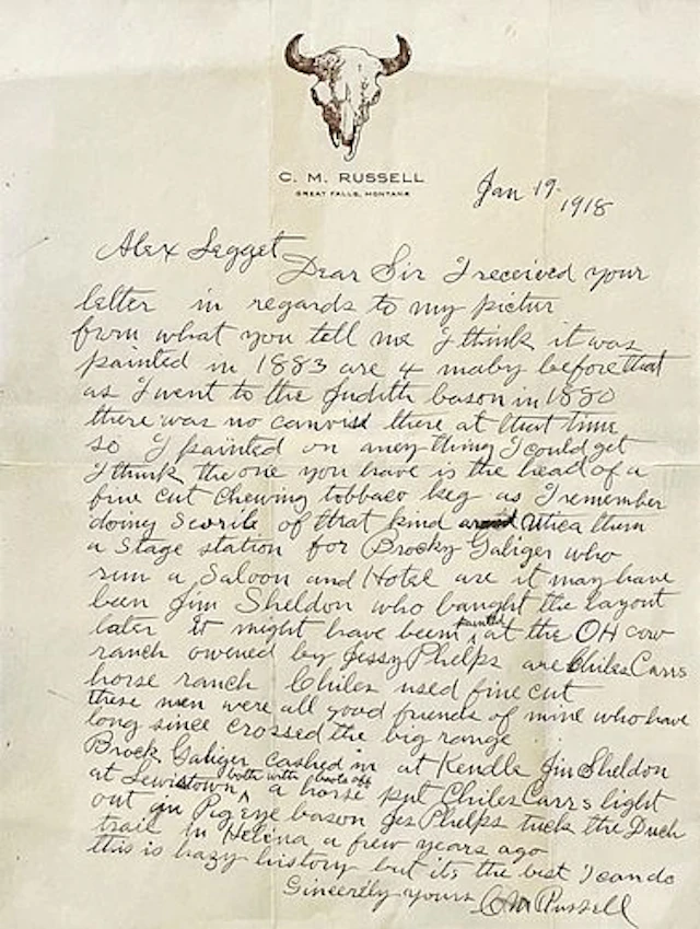 Charles M. Russell (1864 – 1926) – Alex Legget Letter (1918)