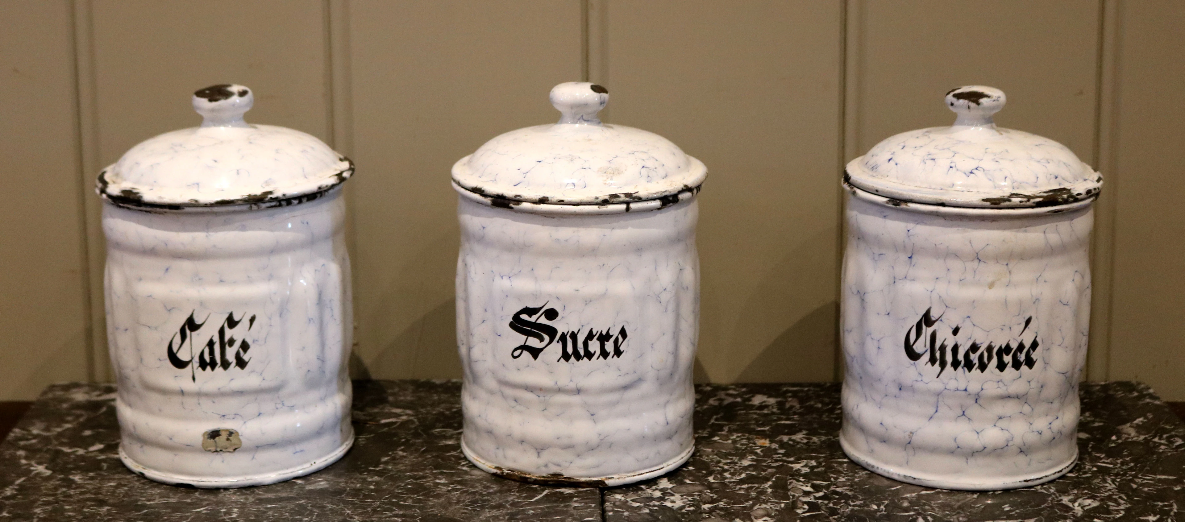 Set Of Three French Enamel Cannisters