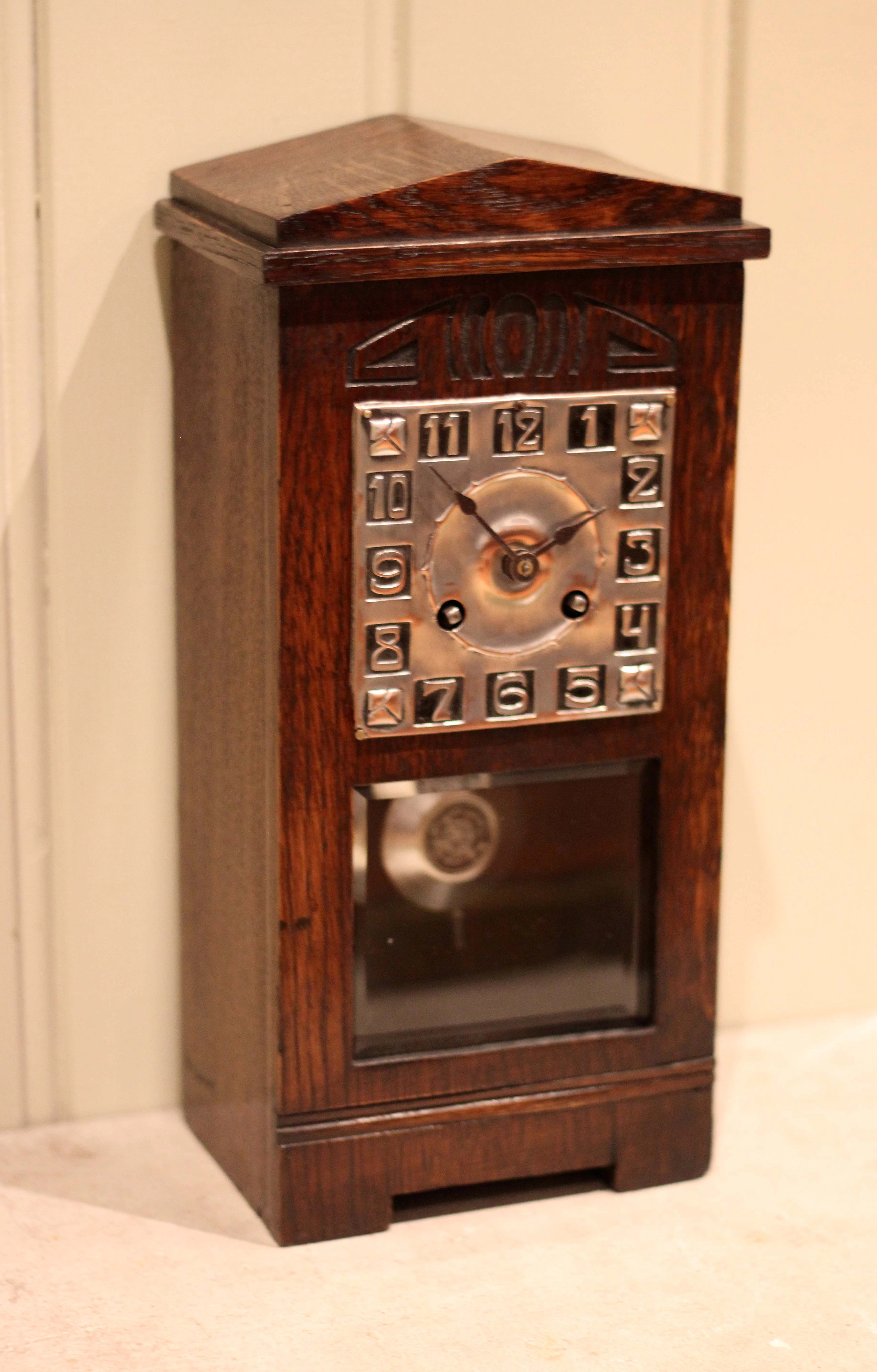 Unusual Oak Arts & Crafts Mantel Clock