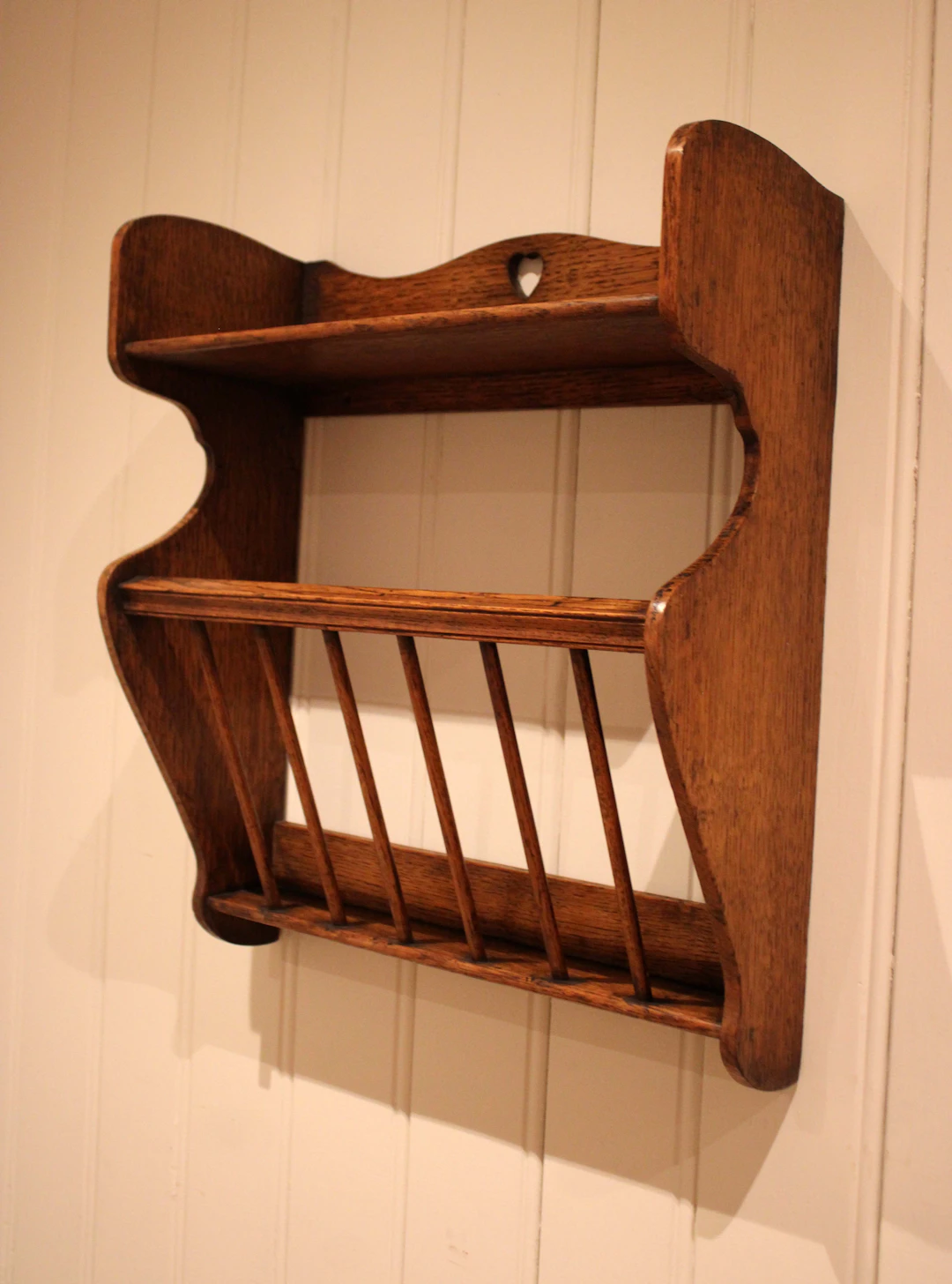 Arts & Crafts Oak Wall Shelf With A Magazine Rack