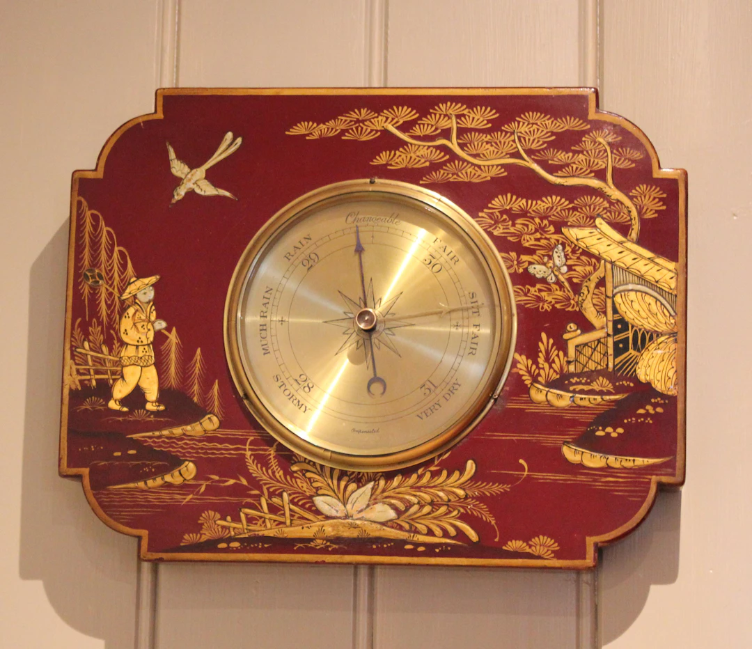 Substantial Maroon Chinoiserie Aneroid Barometer