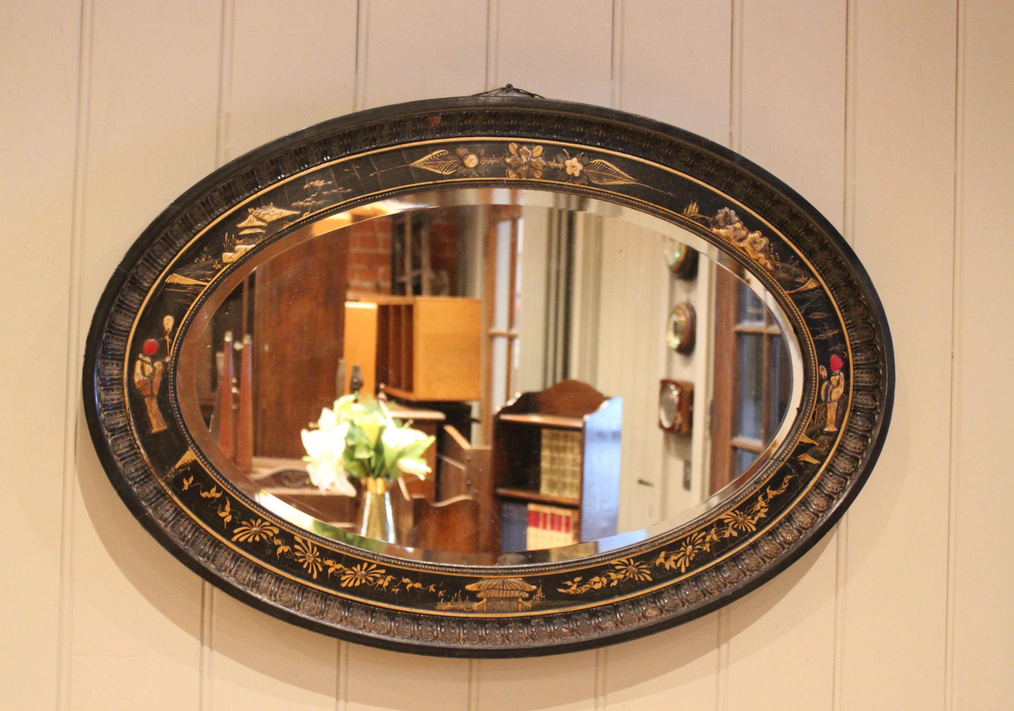 Black Oval Chinoiserie Wall Mirror