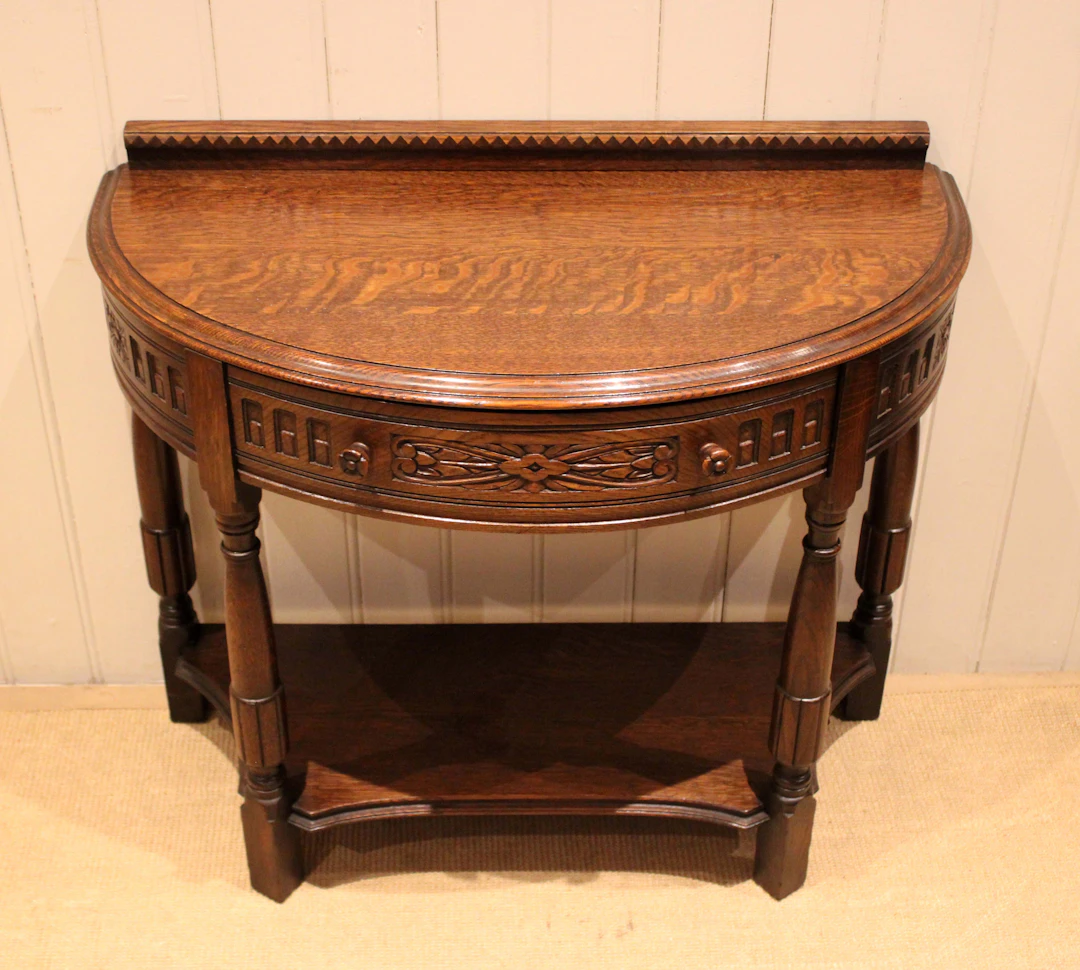 French Carved Solid Oak Demi Lune Table