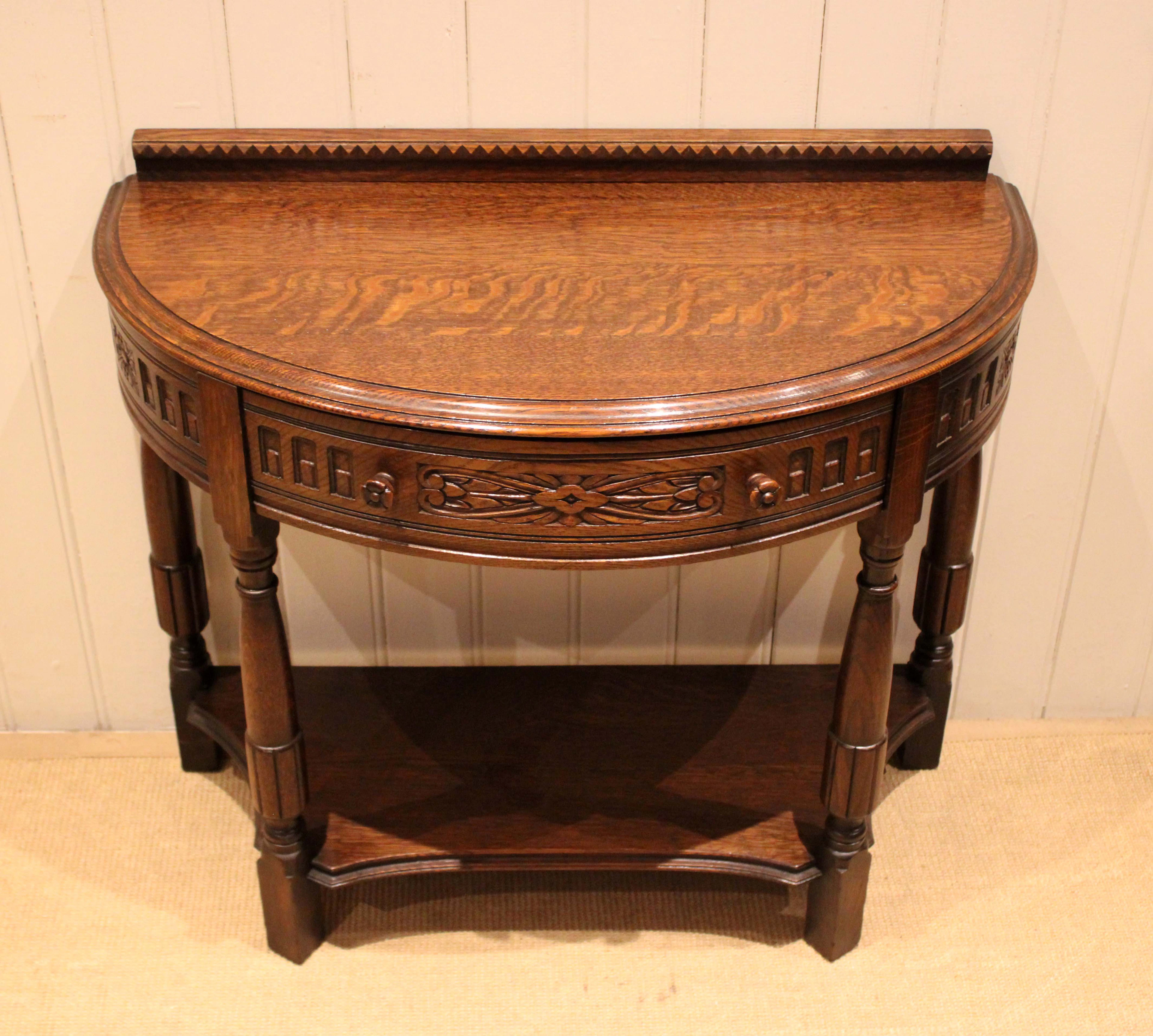 French Carved Solid Oak Demi Lune Table
