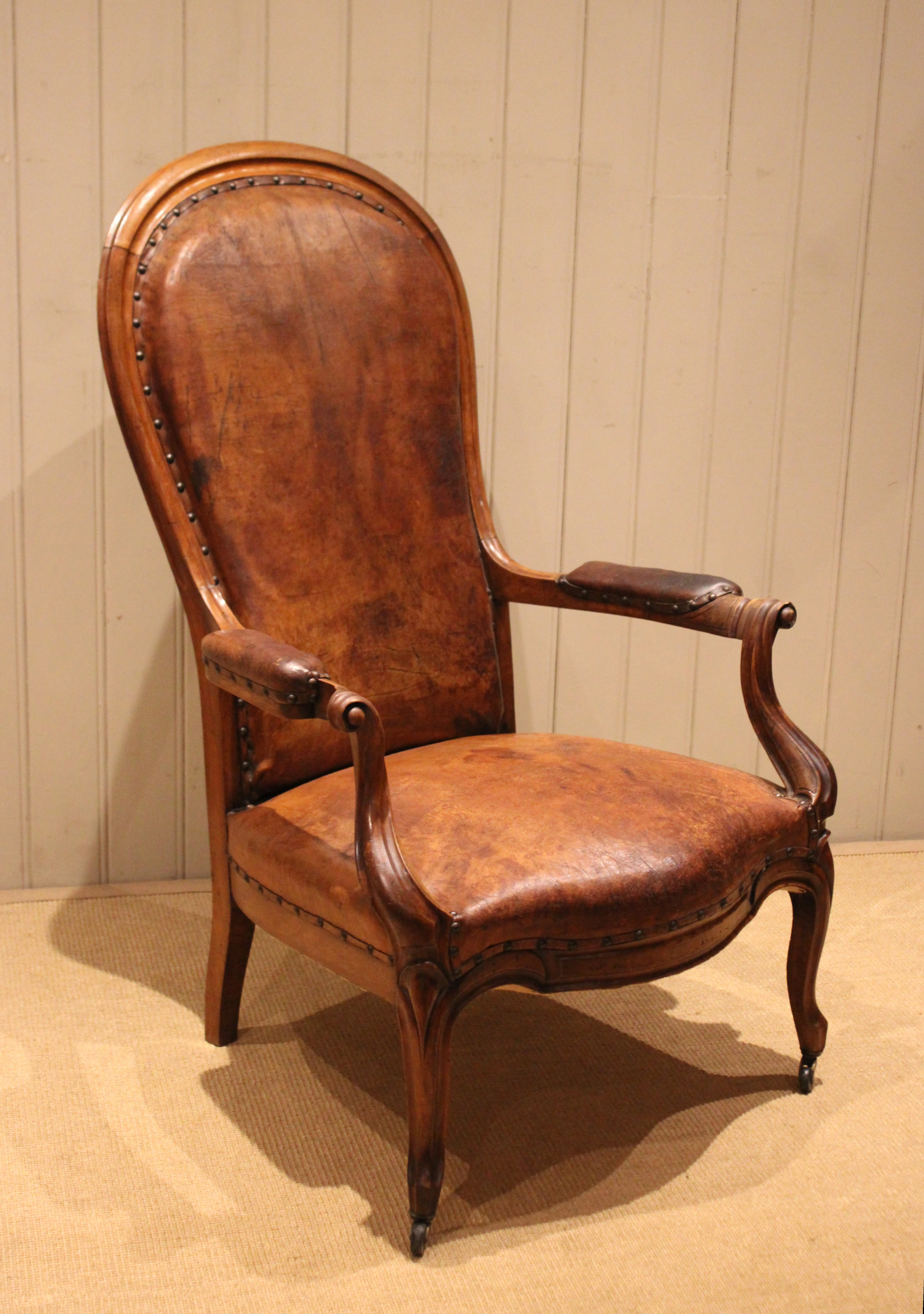 French Walnut Framed Balloon Back Leather Chair