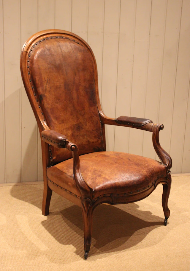 French Walnut Framed Balloon Back Leather Chair