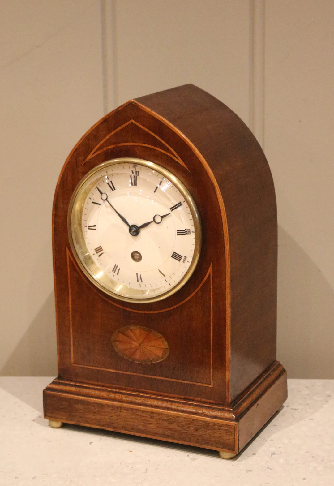 Inlaid Mahogany Lancet Top Mantel Clock