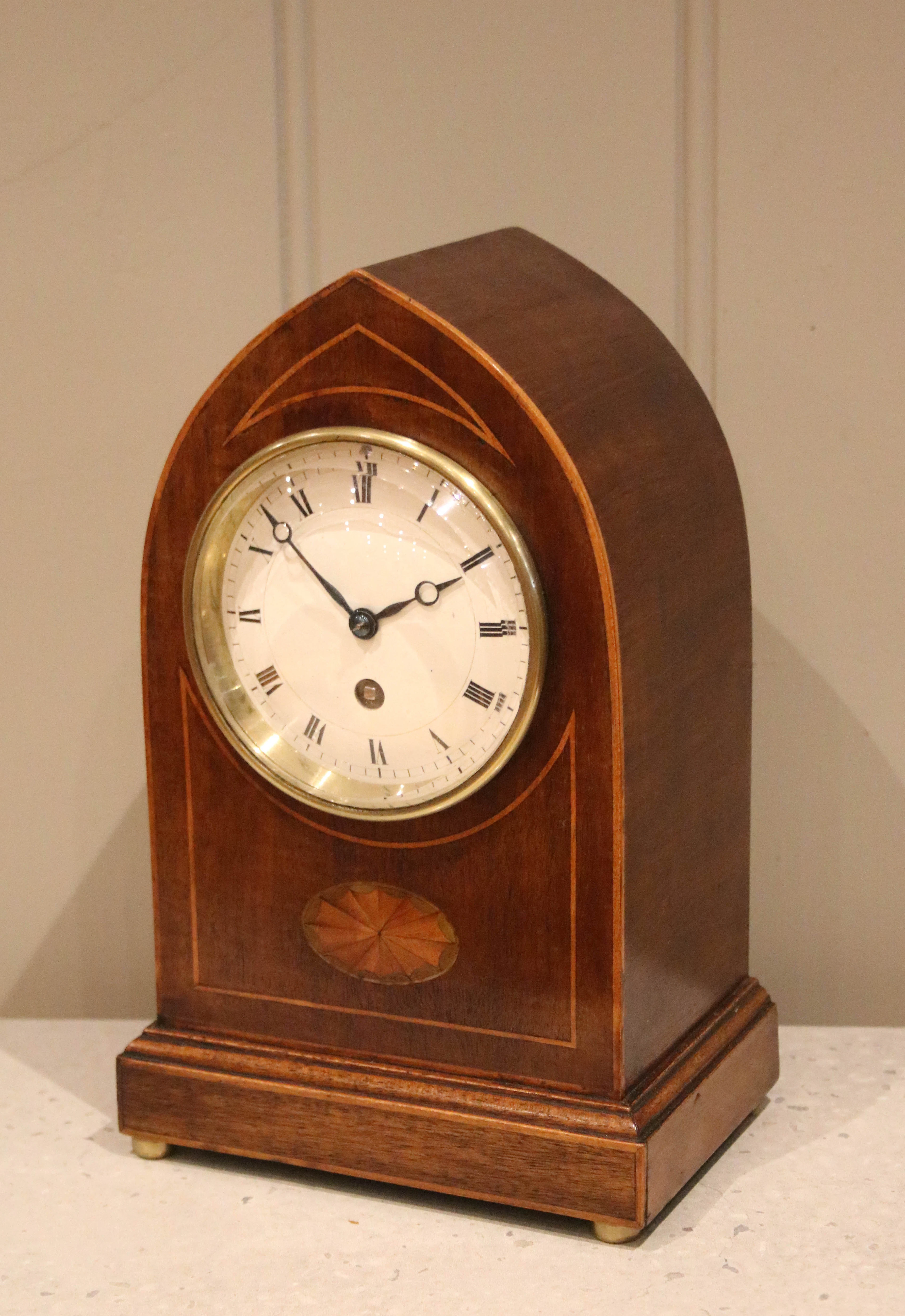Inlaid Mahogany Lancet Top Mantel Clock