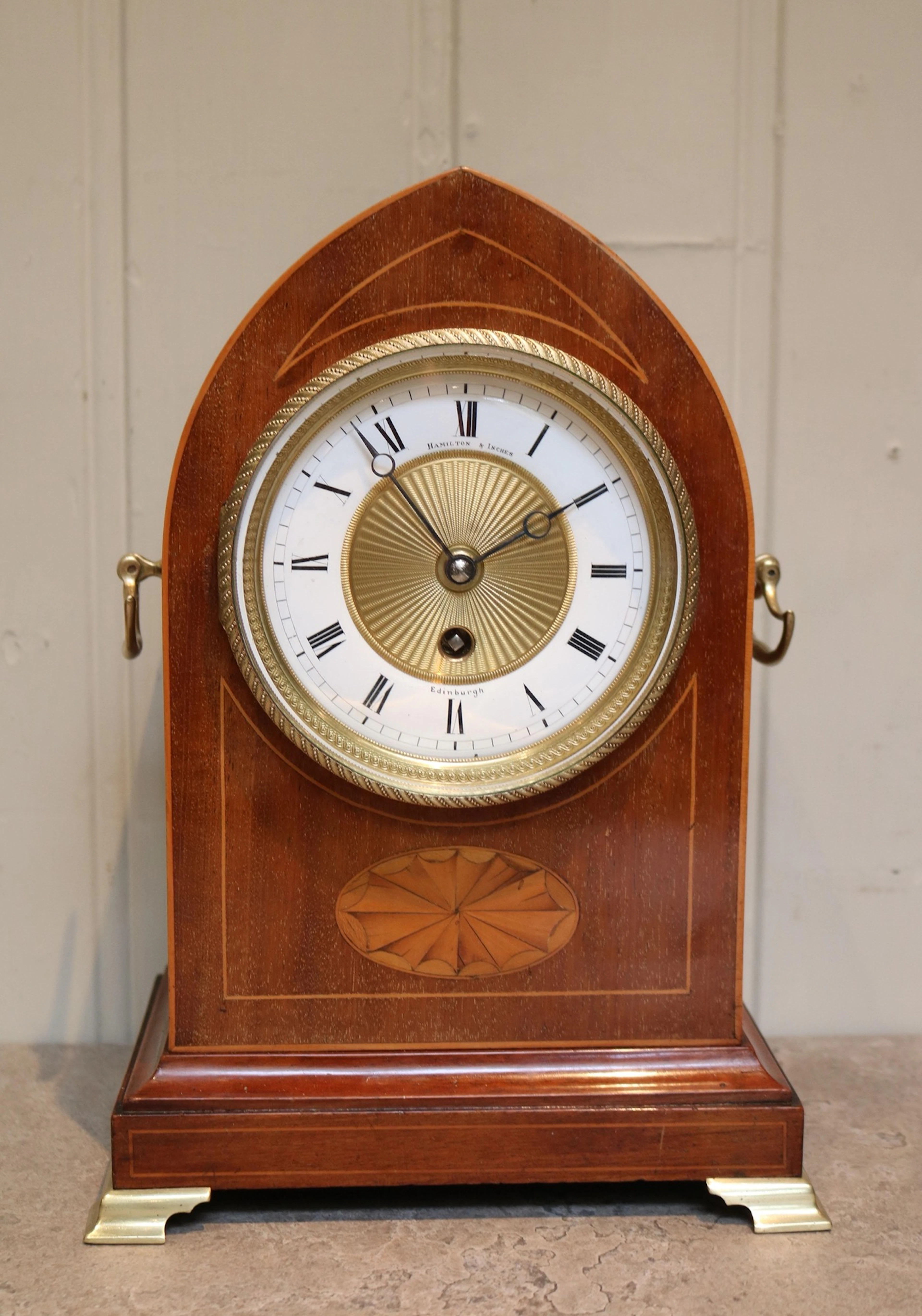 Edwardian Mahogany And Inlay Lancet Top Mantel Clock