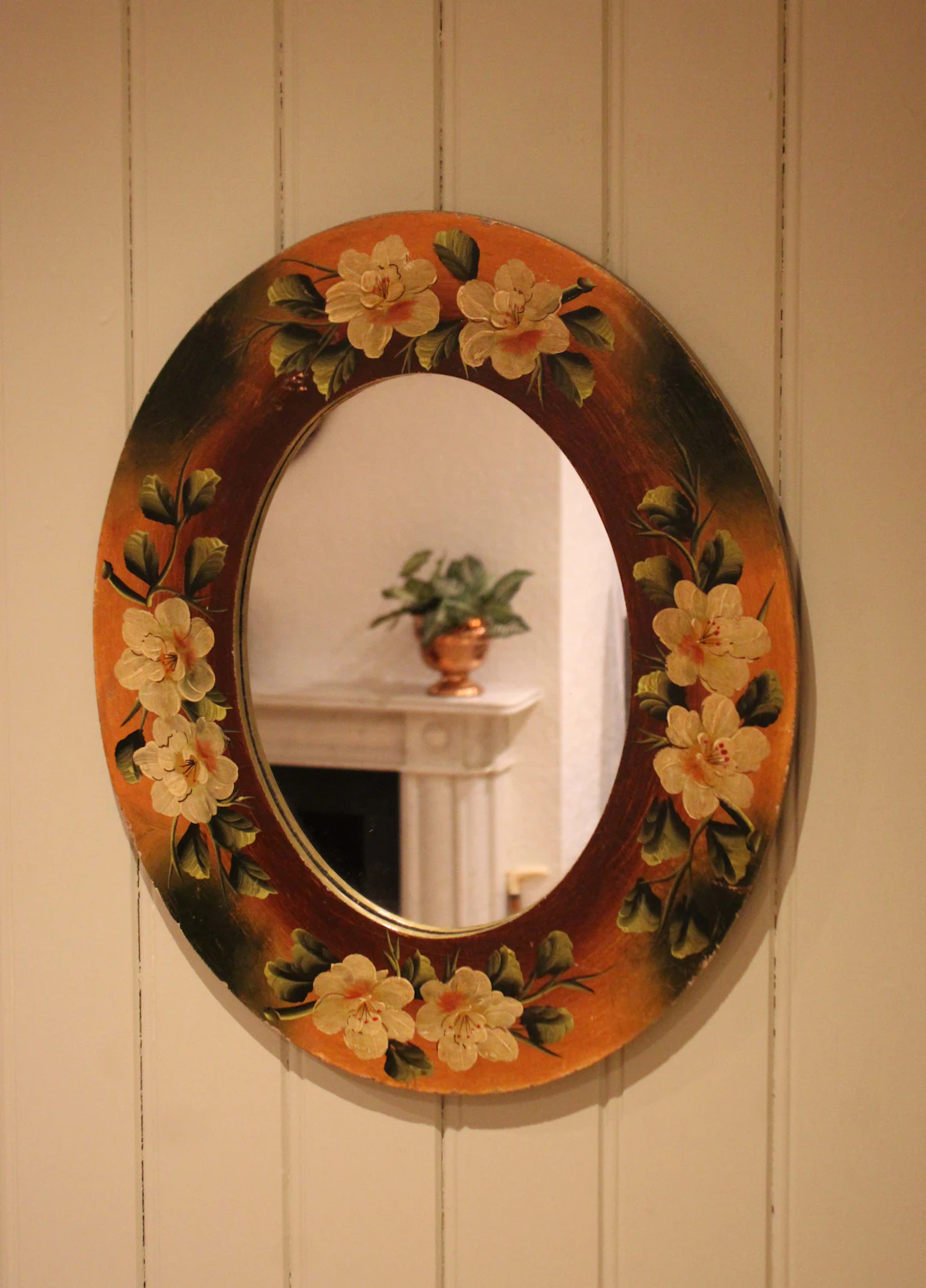 French Oval Floral Painted Wall Mirror