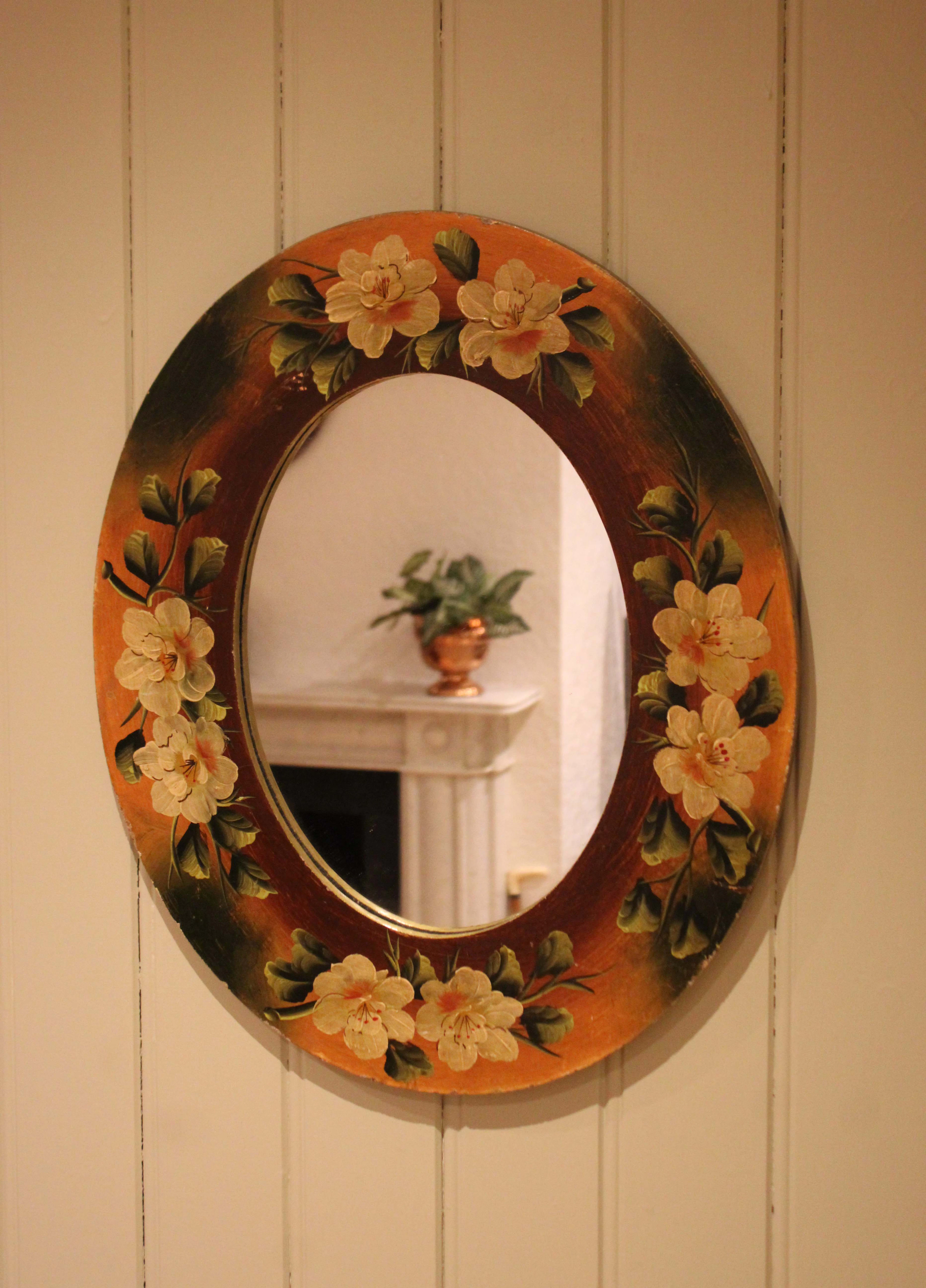 French Oval Floral Painted Wall Mirror