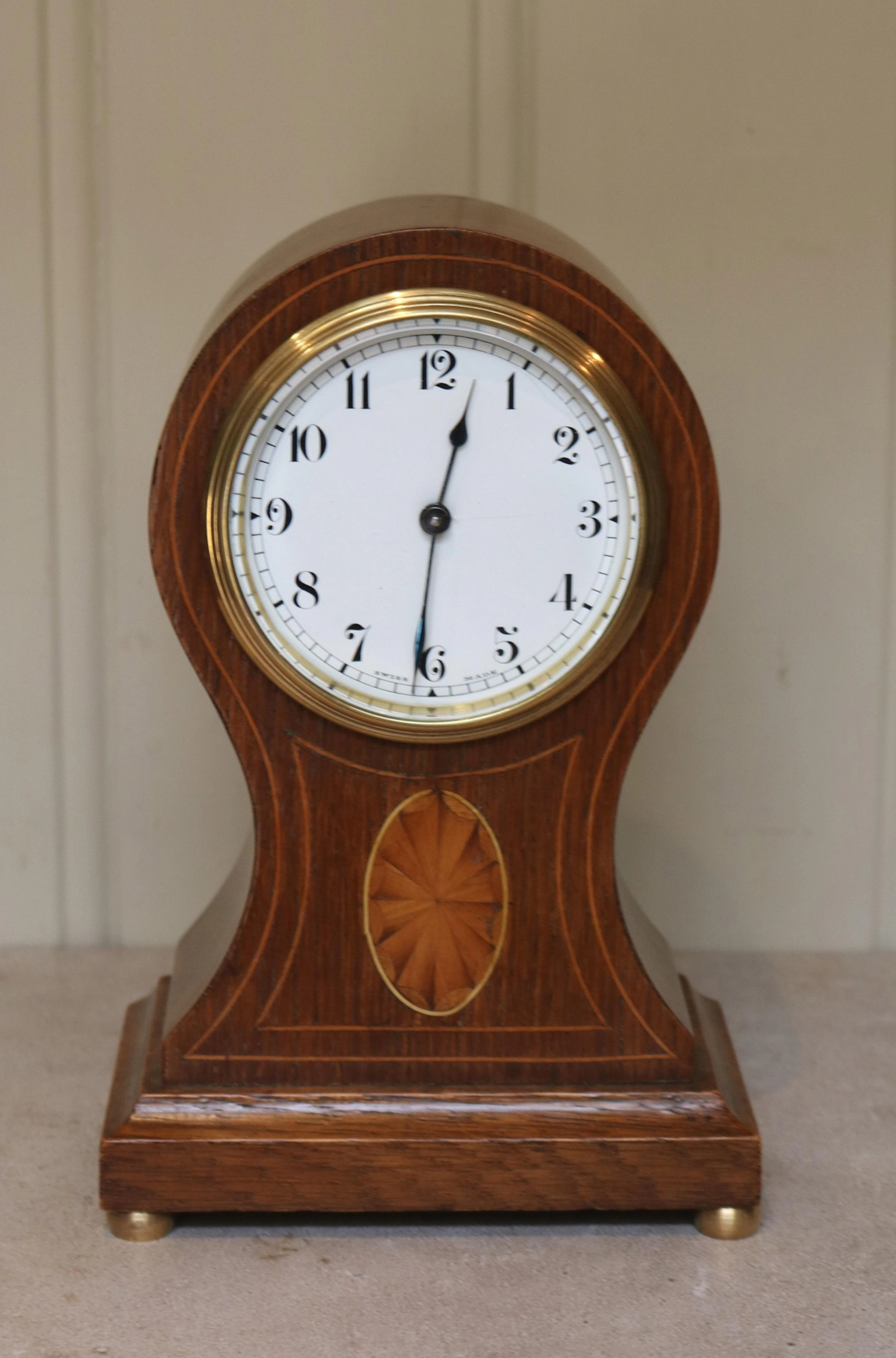 Edwardian Oak and Inlay Balloon Clock