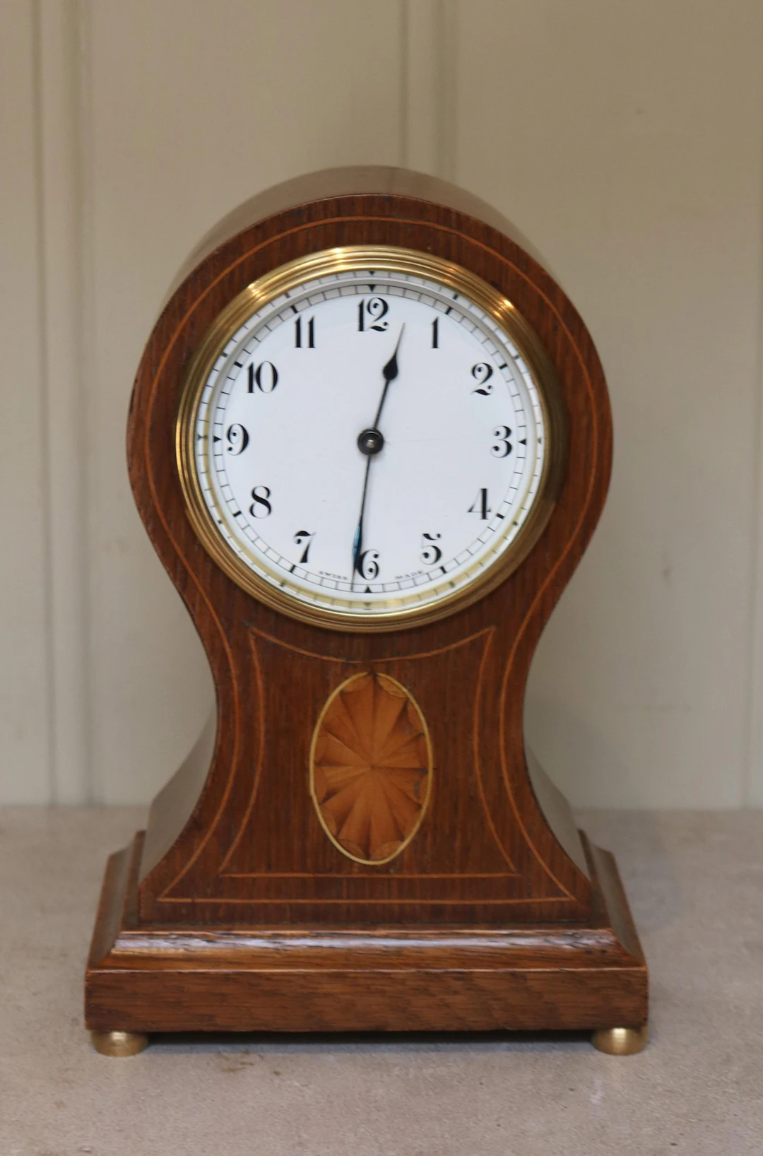 Edwardian Oak and Inlay Balloon Clock