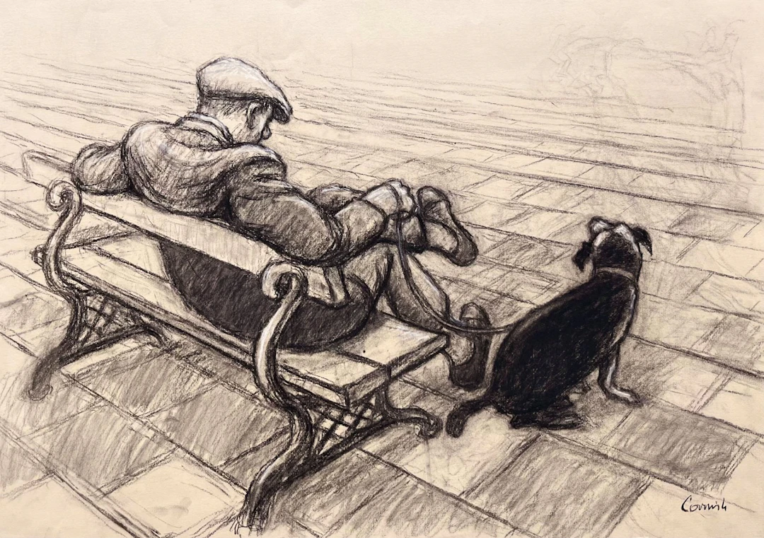 Tired man with dog by Norman Cornish