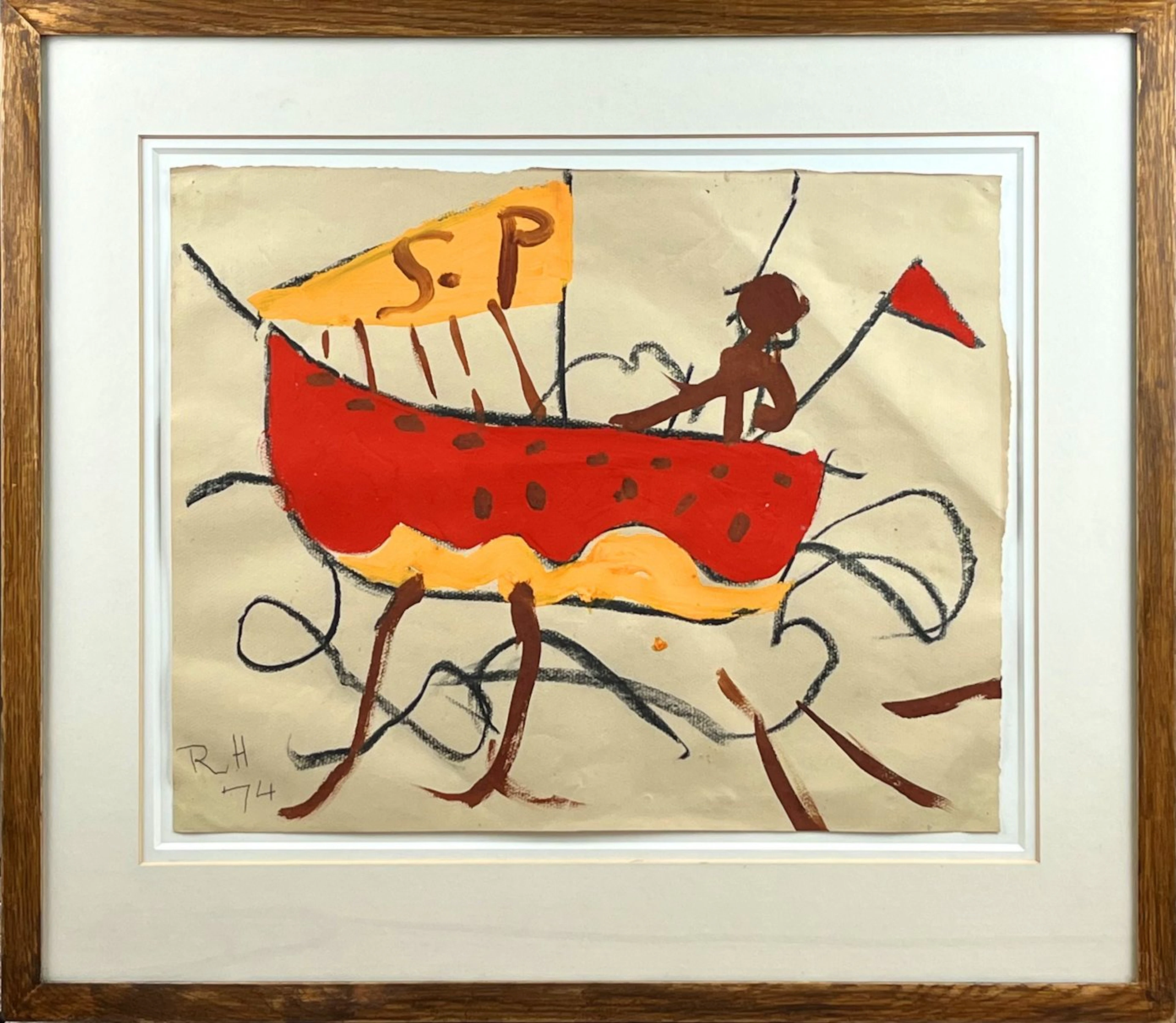 Boat with flag and man - 1974 by Roger Hilton