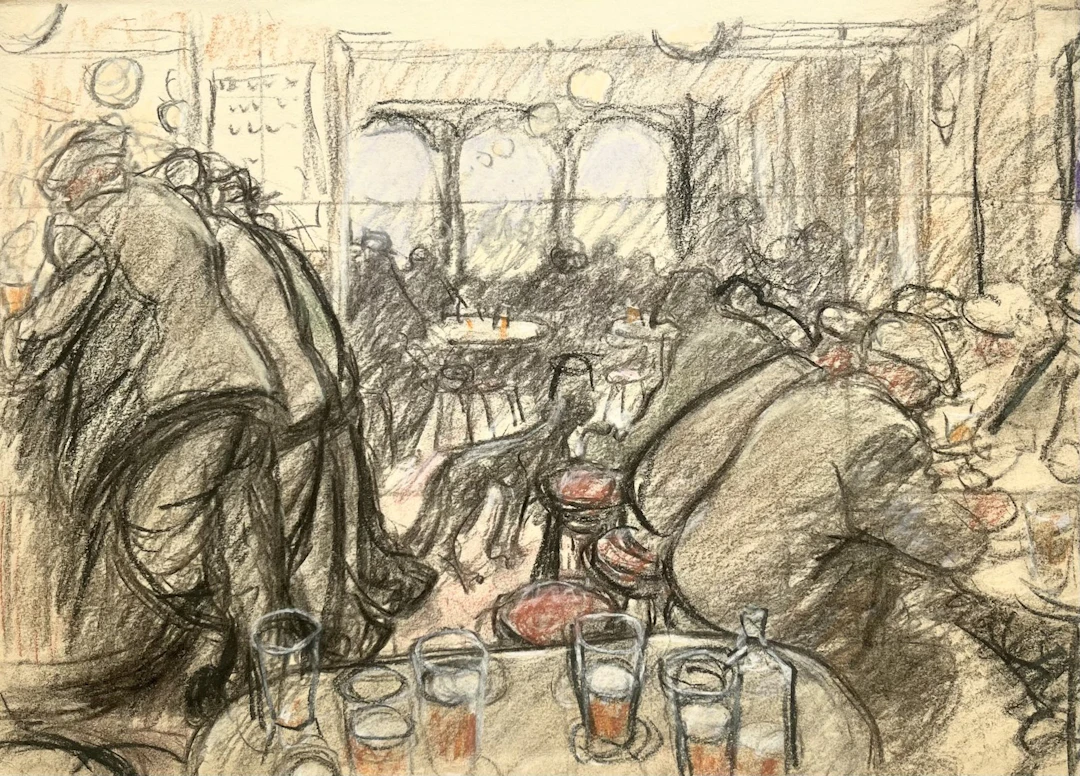 Crowded bar sketch by Norman Cornish