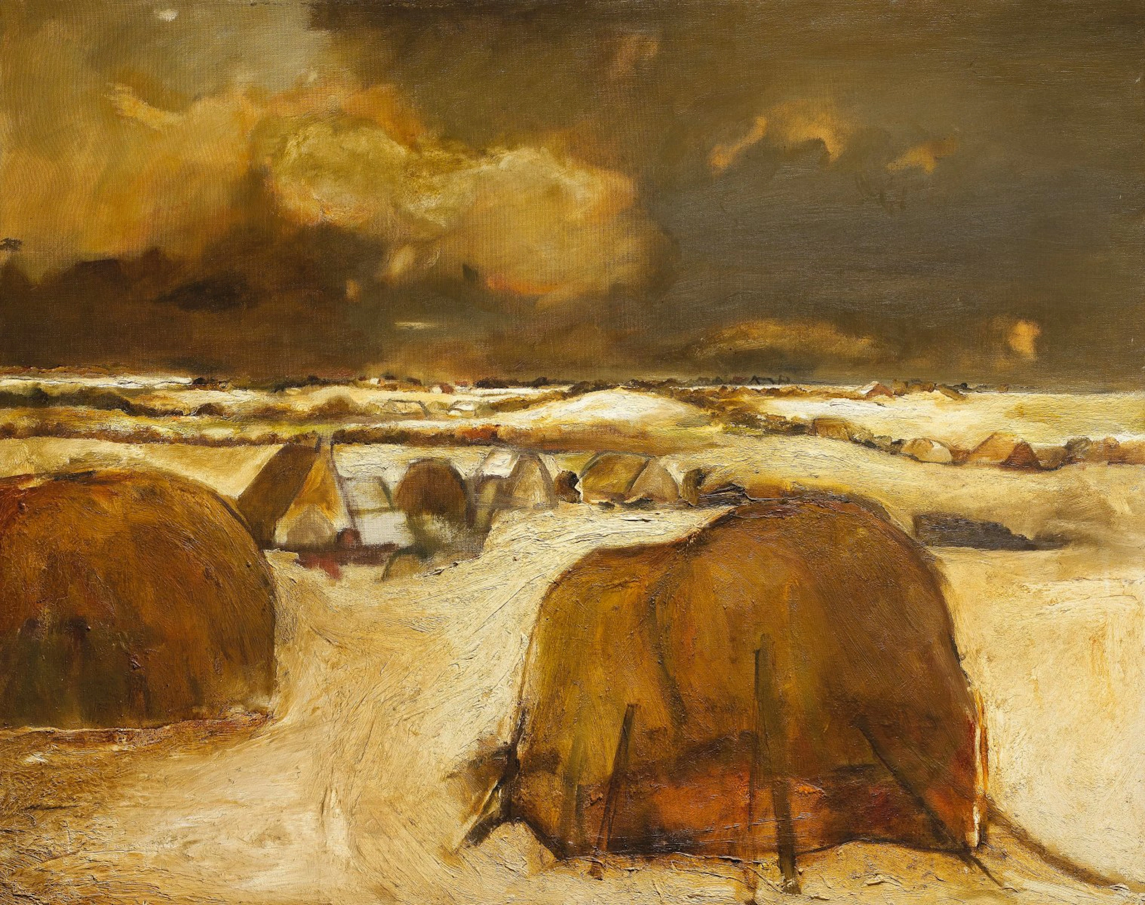 Haystacks in Winter - c 1961 by Sheila Fell RA FRSA