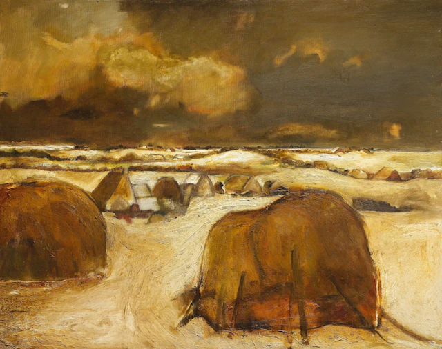 Haystacks in Winter - c 1961 by Sheila Fell RA FRSA