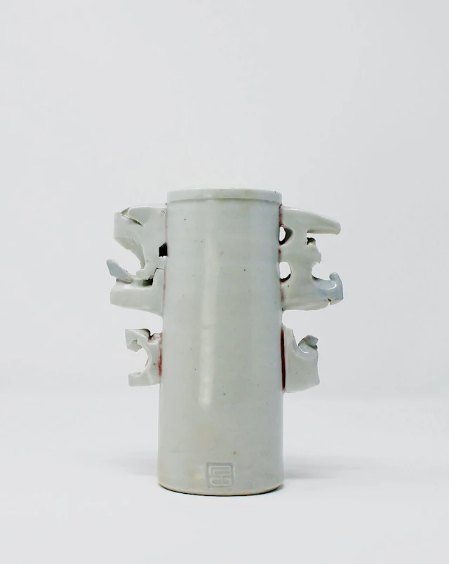 Winged porcelain vase, white-pink glaze by Colin Pearson