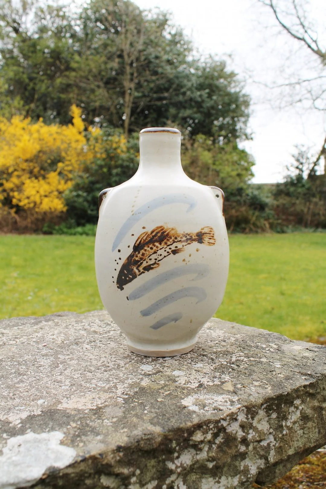 Porcelain footed bottle, flattened, iron "fish" by Jim Malone