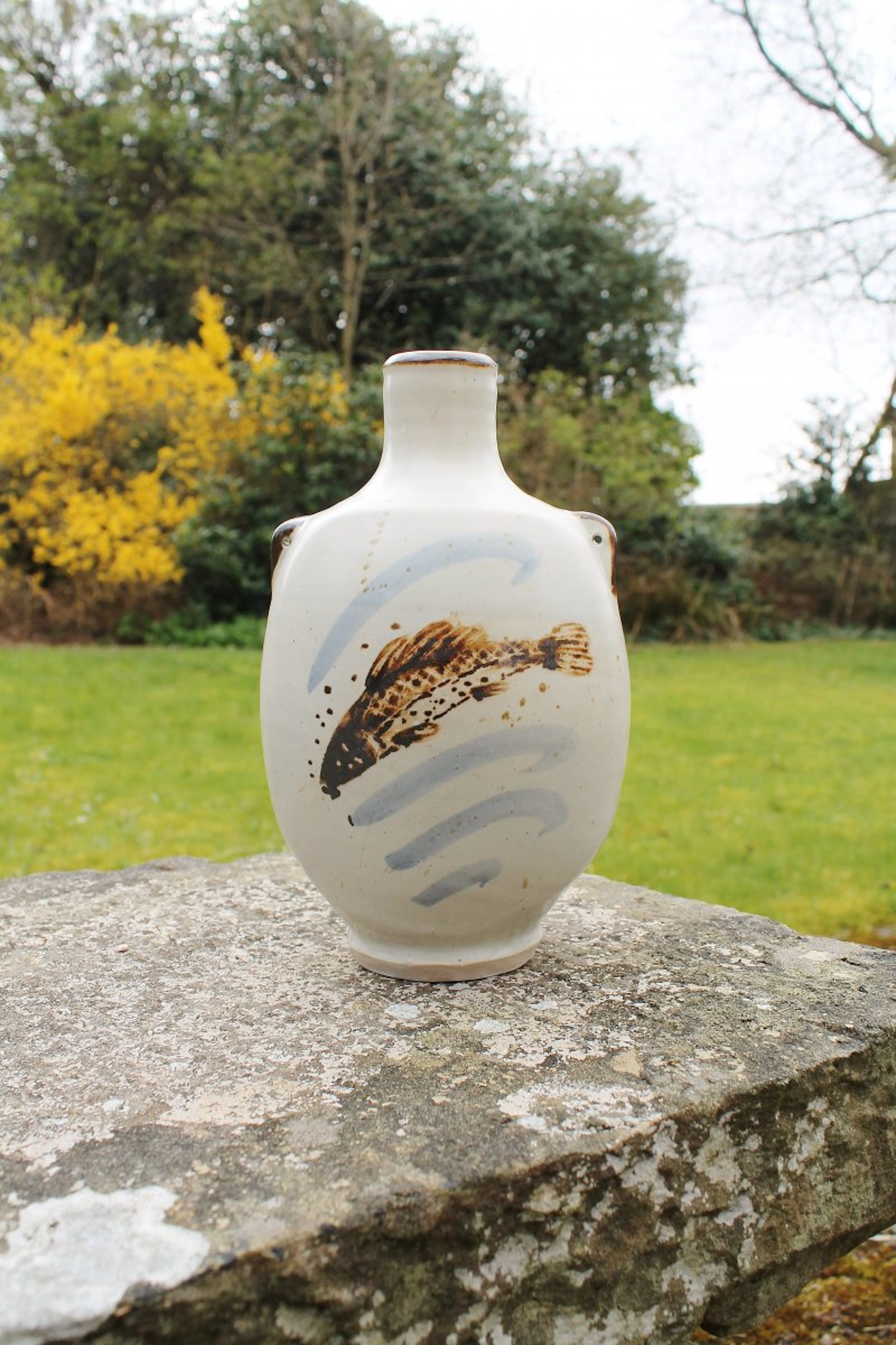 Porcelain footed bottle, flattened, iron "fish" by Jim Malone