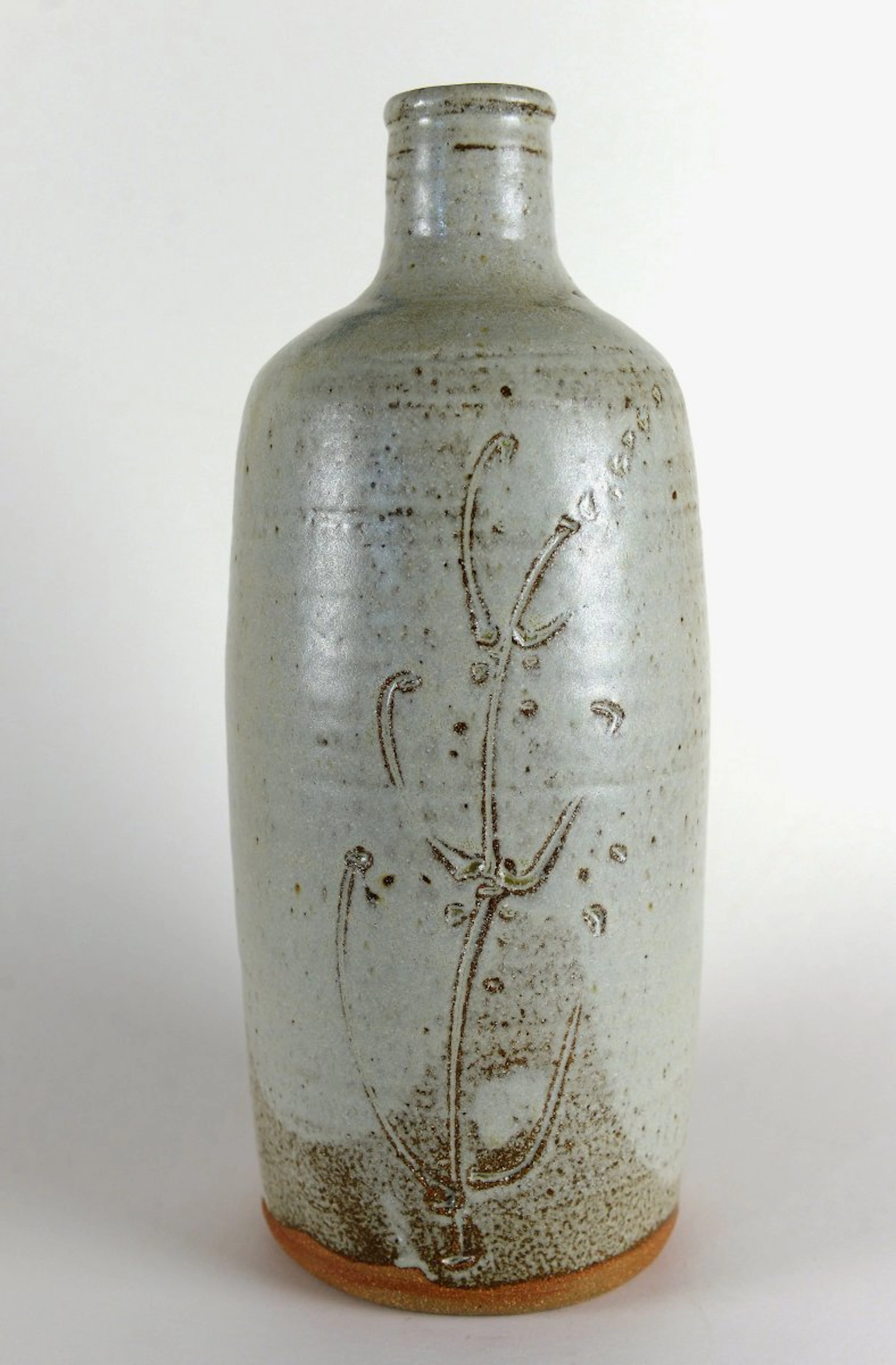 Cylinder bottle, engraved grasses, hawthorn ash glaze by Jim Malone