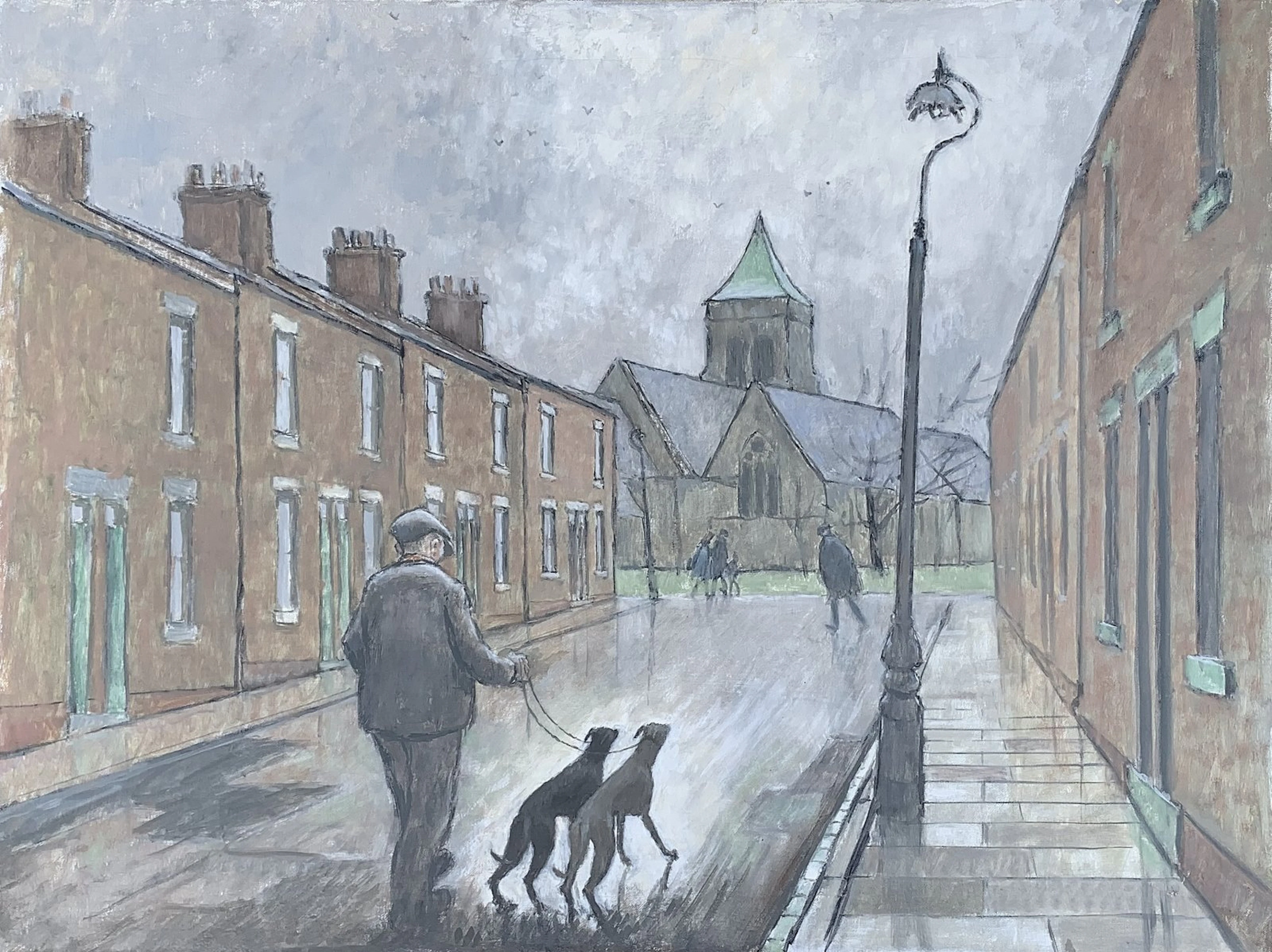 Edward Street; man walking dogs by Norman Cornish