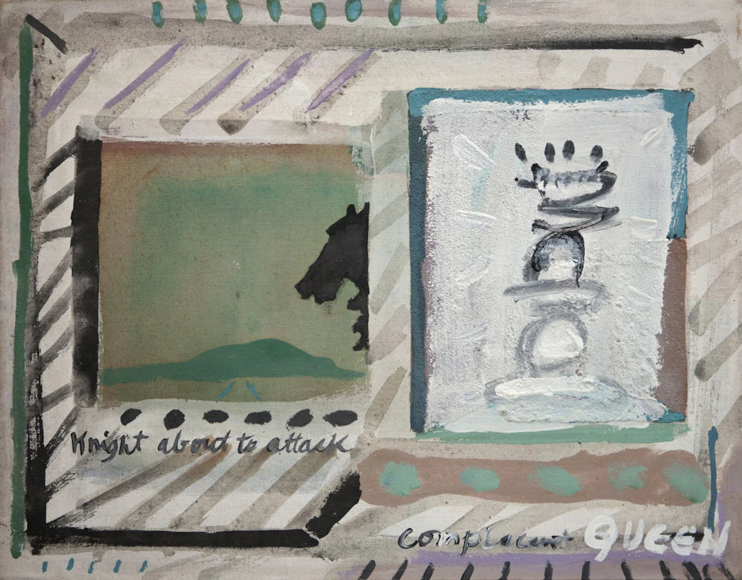 Knight about to attack complacent Queen - 1982 by Anthony Whishaw (RA)