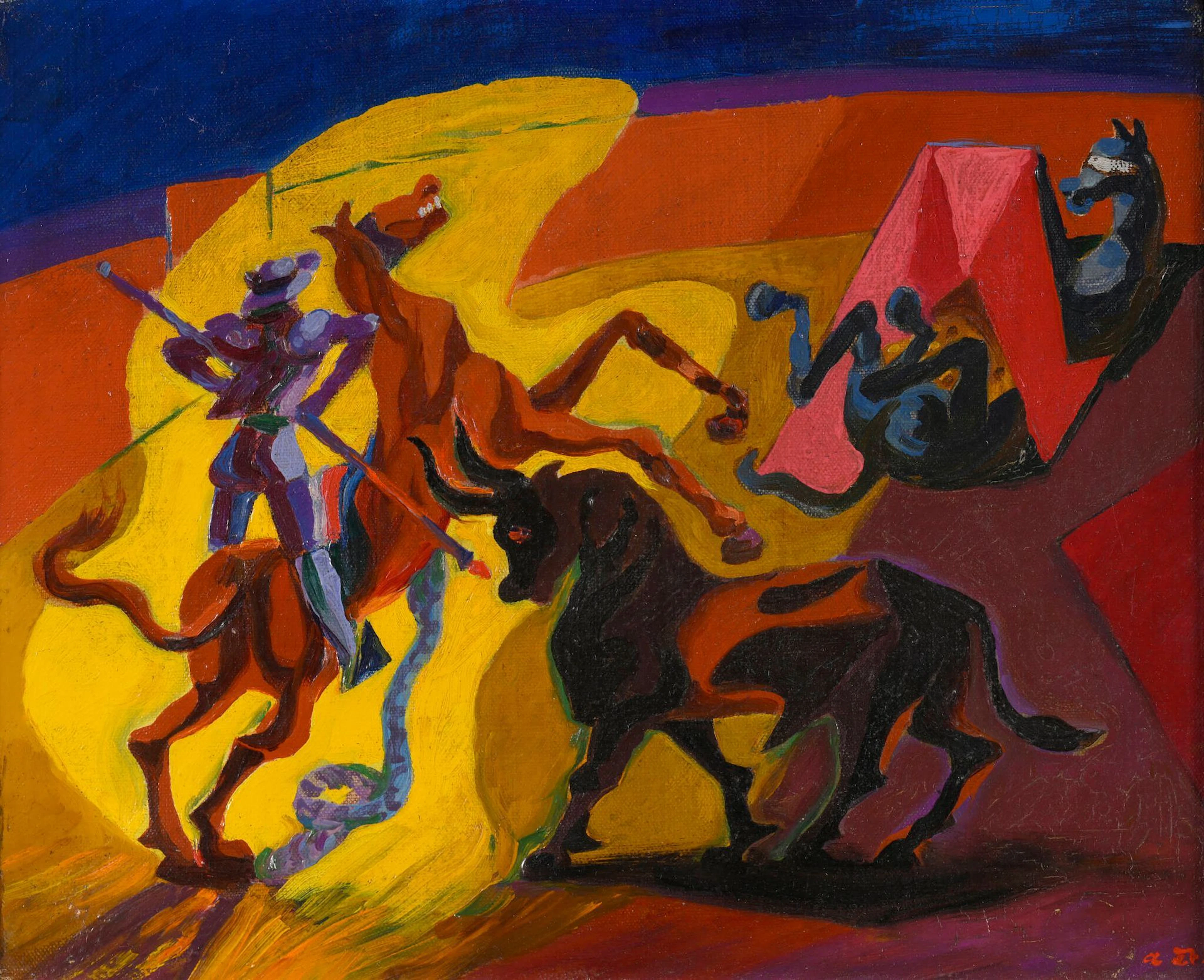 MASSON André, 1896-1987, Chevaux éventrés, 1936, huile sur toile, monogramme en bas à droite, au dos du châssis une étiquette de la galerie Simon avec le titre, les dimensions et la date, sur le châssis une inscription à la mine de plomb avec le titre et la date, 22x27 cm. Accompagné de la plaquette de l'exposition André Masson Espagne, 1934-1936, Galerie Simon, du 7 au 19 décembre 1936, n°31. BIBLIOGRAPHIE: Guite Masson, Martin Masson, Catherine Loewer, André Masson, catalogue raisonné de l'œuvre peint, 1919-1941, vol. II, éditions d'Art Acatos, Vaumarcus, 2010, décrit et reproduit sous le n°1936*10. EXPOSITION: André Masson, Espagne, Galerie Simon, 7-19 décembre 1936, n°31 (décrit).