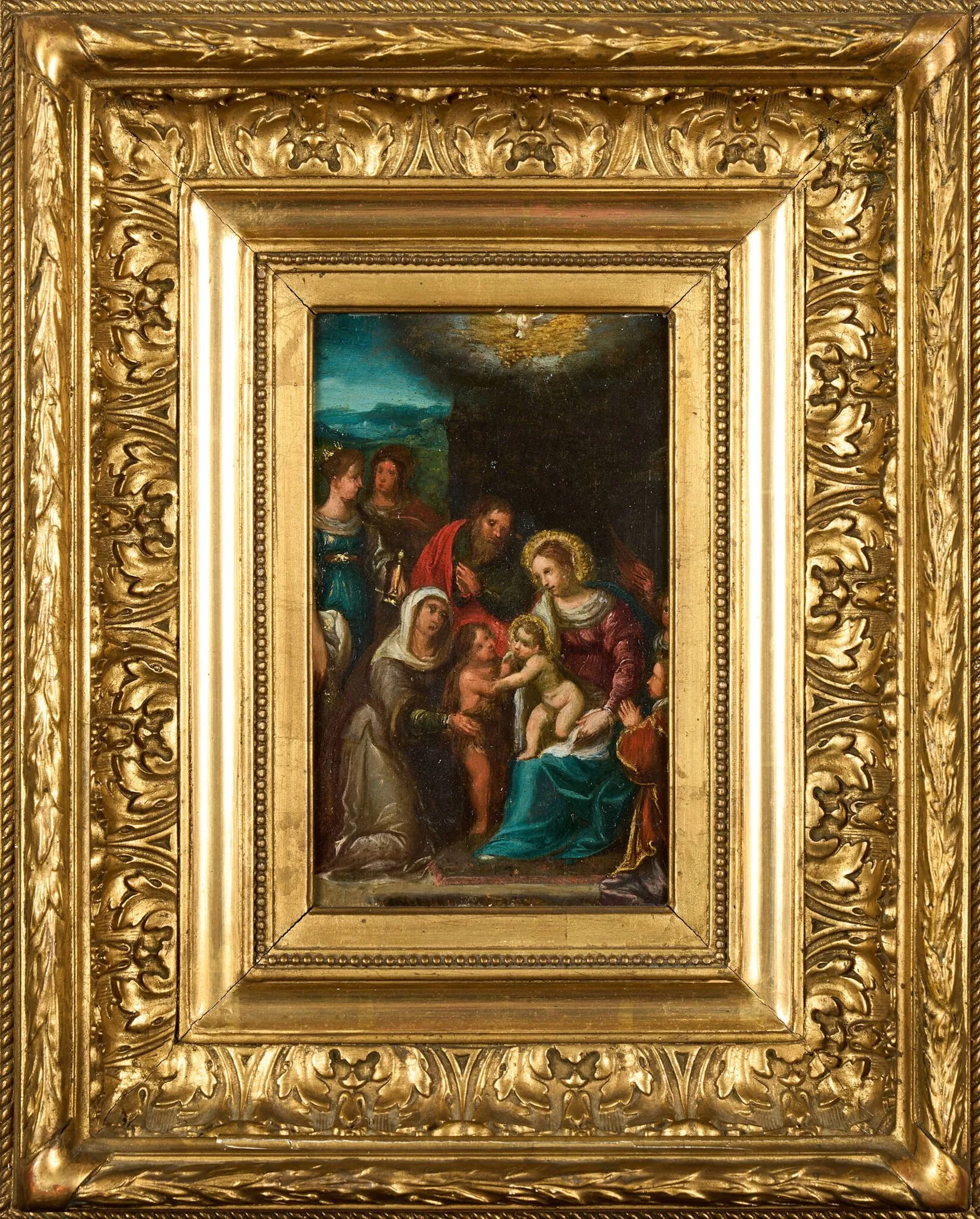 École flamande du XVIIe siècle,suiveurde Frans FRANCKEN II(Anvers1581 - 1642 Anvers) Sainte Famille avecSainte Elisabeth et Saint Jean Baptiste Huile sur cuivre 20,3 x 13,4 cm