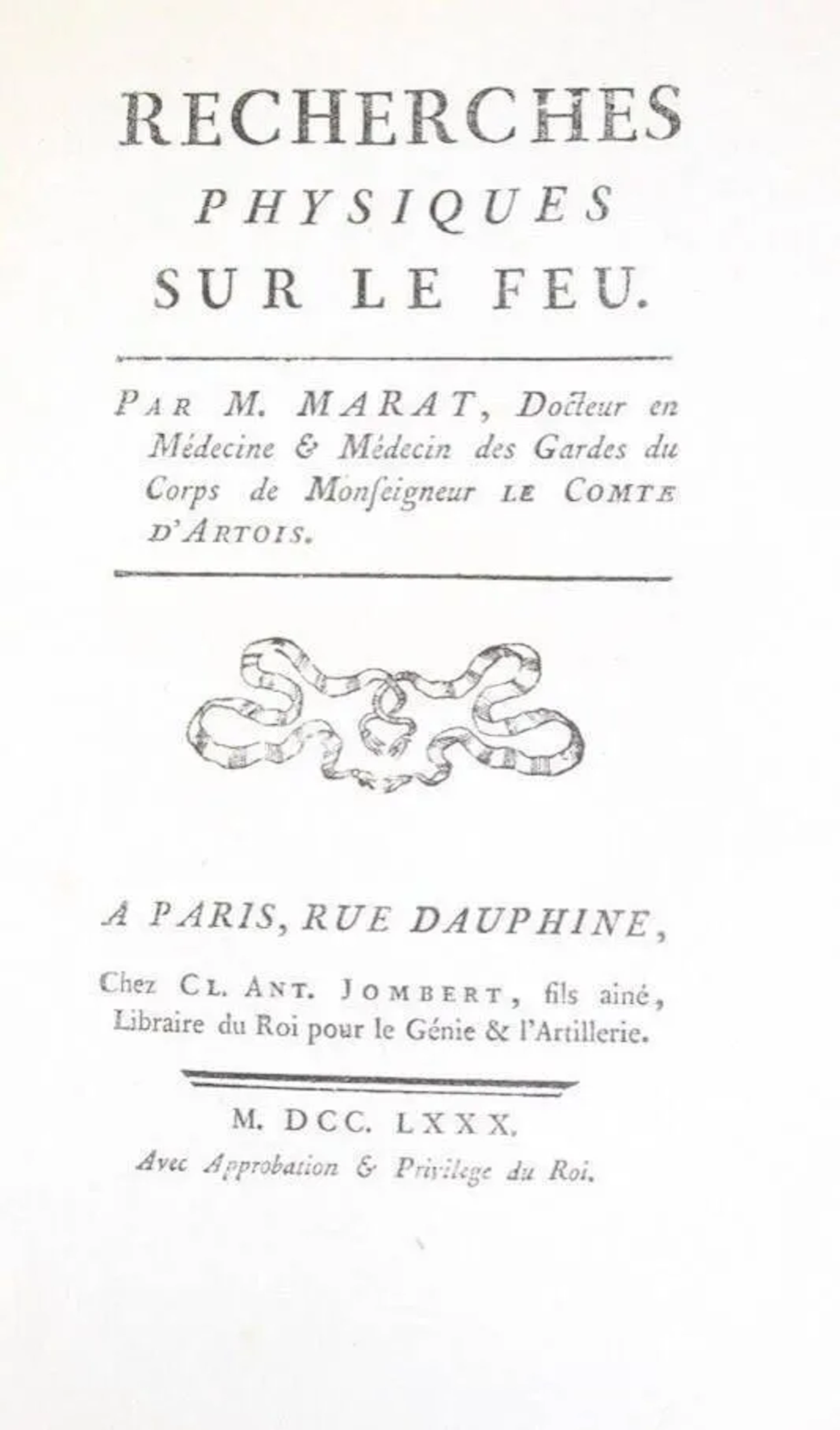MARAT (Jean-Paul). Recherches physiques sur le feu. Paris, J - Lot 483