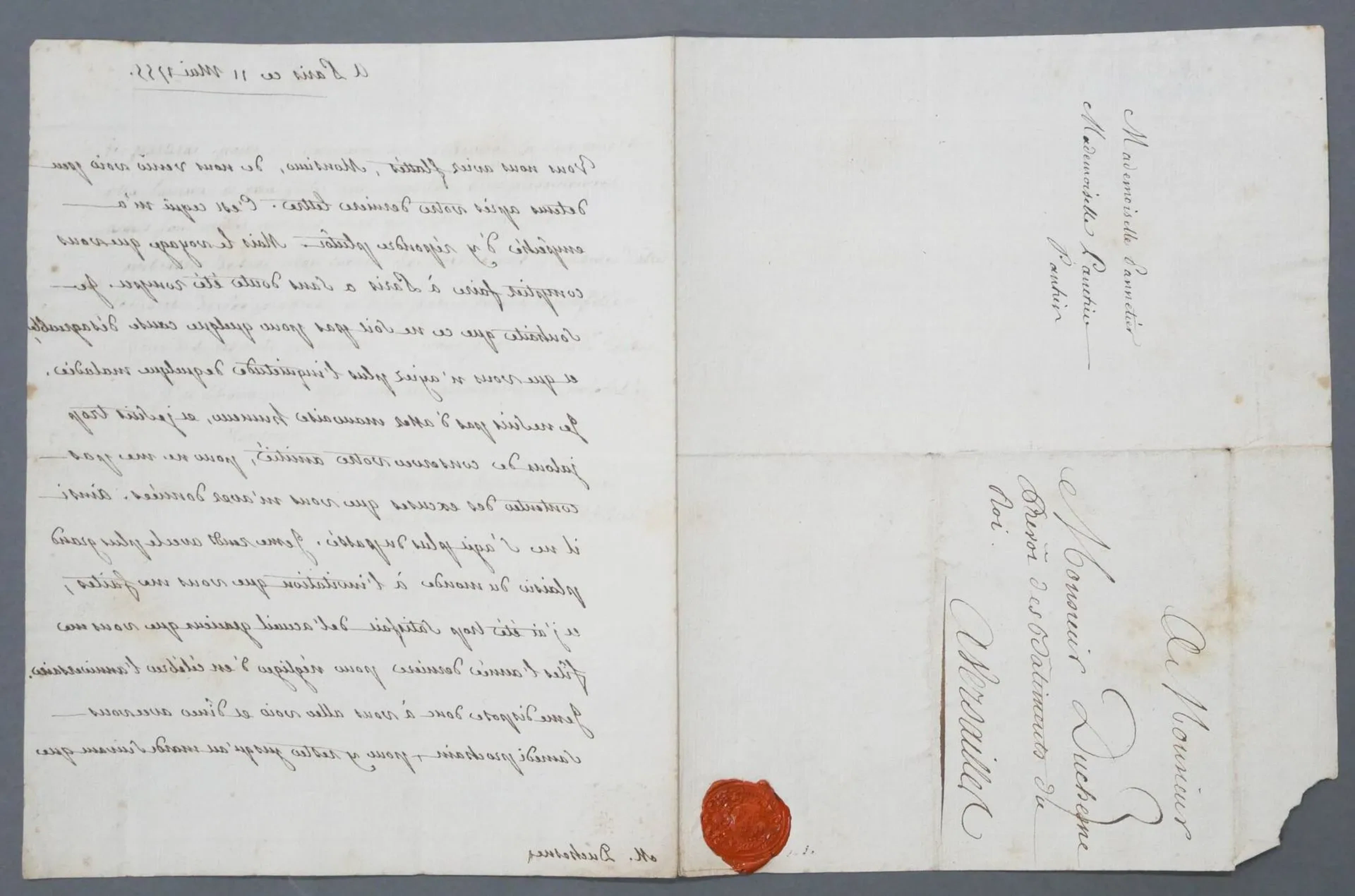 MIRROR WRITING. Signed letter. Paris, May 11, 1755. 1 p. 1/2 - Lot 343