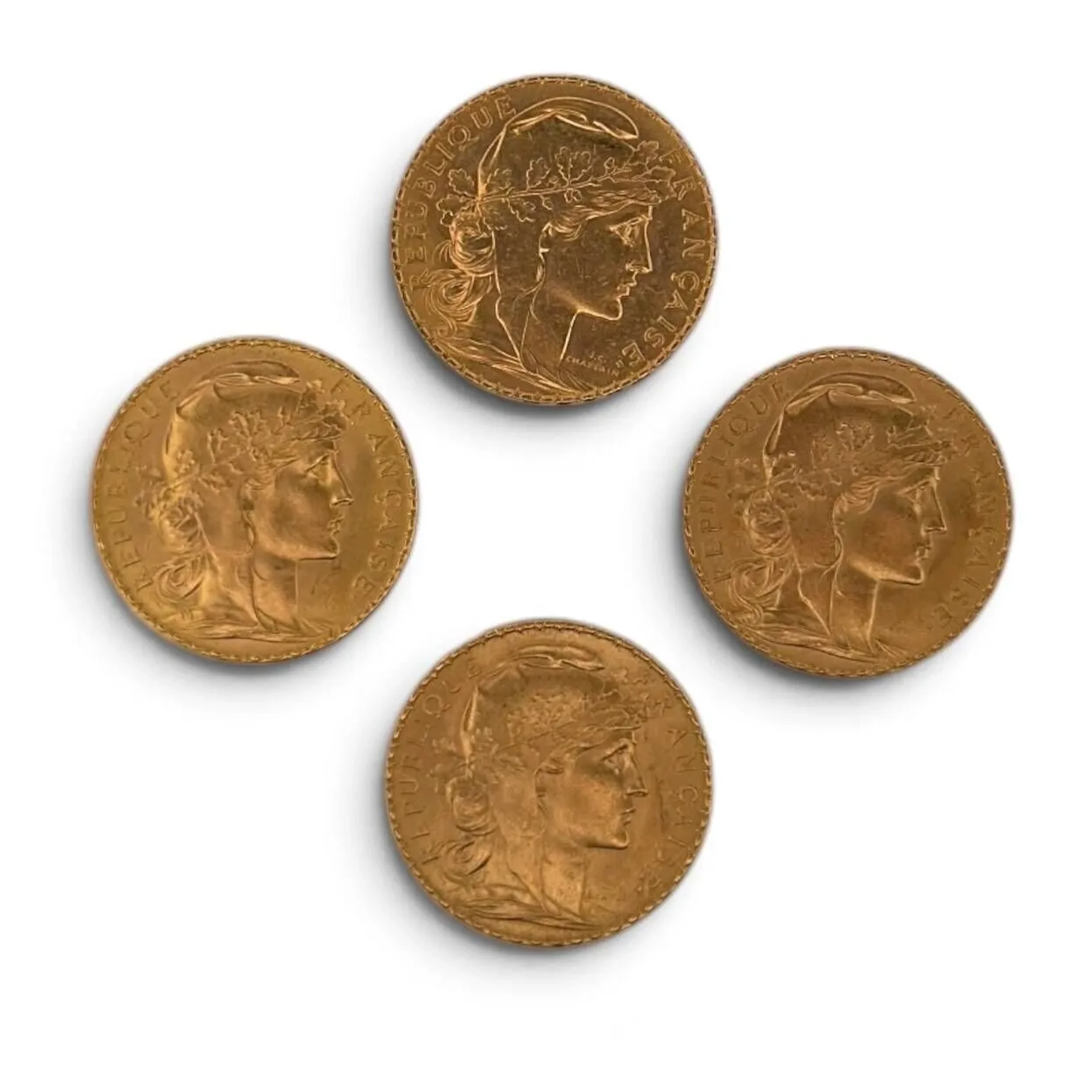 Set of 4 20F "Rooster" gold coins (900) dated 1907, 1909, 19 - Lot 18