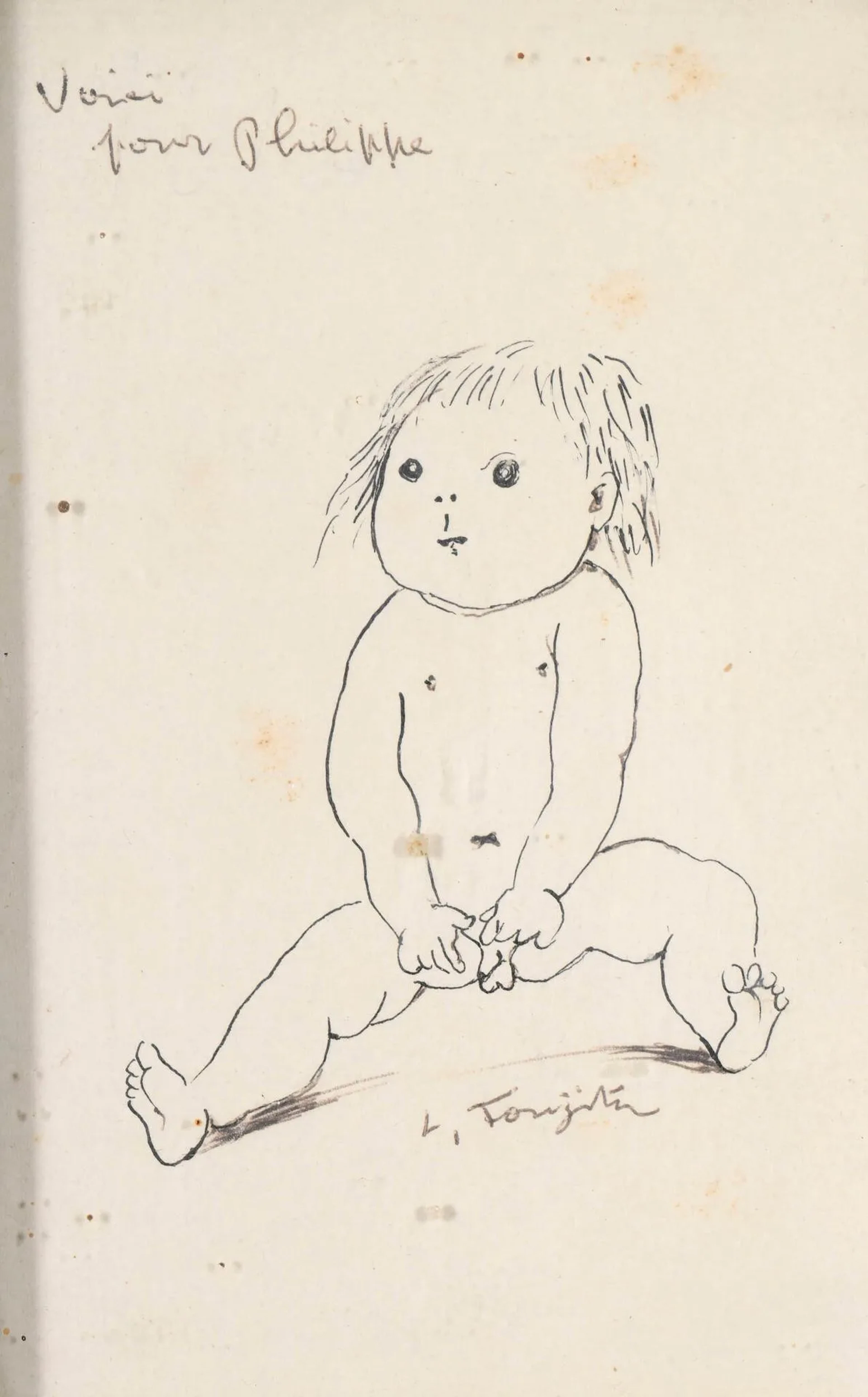 FOUJITA Léonard Tsuguharu, 1886-1968 Enfant assis (Philippe de Tartas) plume, encre noire et stylo bille noir sur papier (traces de plis et petites taches) signé en bas au milieu, annoté en haut à gauche: Voici pour Philippe 15,5x10cm