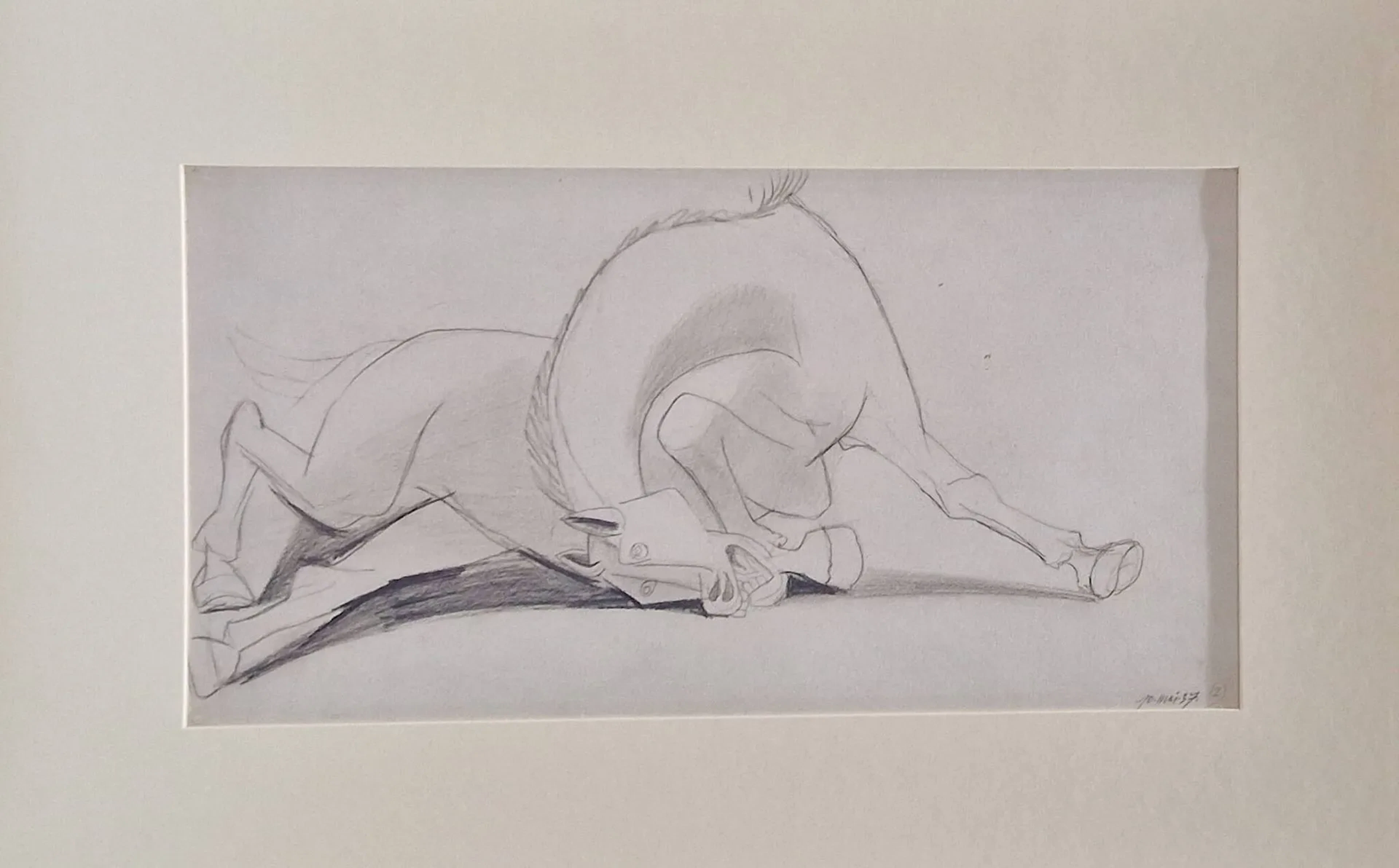 PICASSO Pablo, d'après Etude préparatoire pour Guernica, Fac-similé en noir et blanc, signé et daté dans la planche, au dos du montage, deux timbres secs. Montage : 40 x 61 cm NB : Ce Fac-similé provient probablement de l'édition numérotée parue en 1990 contenant 42 facsimilés des études préparatoires de l'artiste pour Guernica