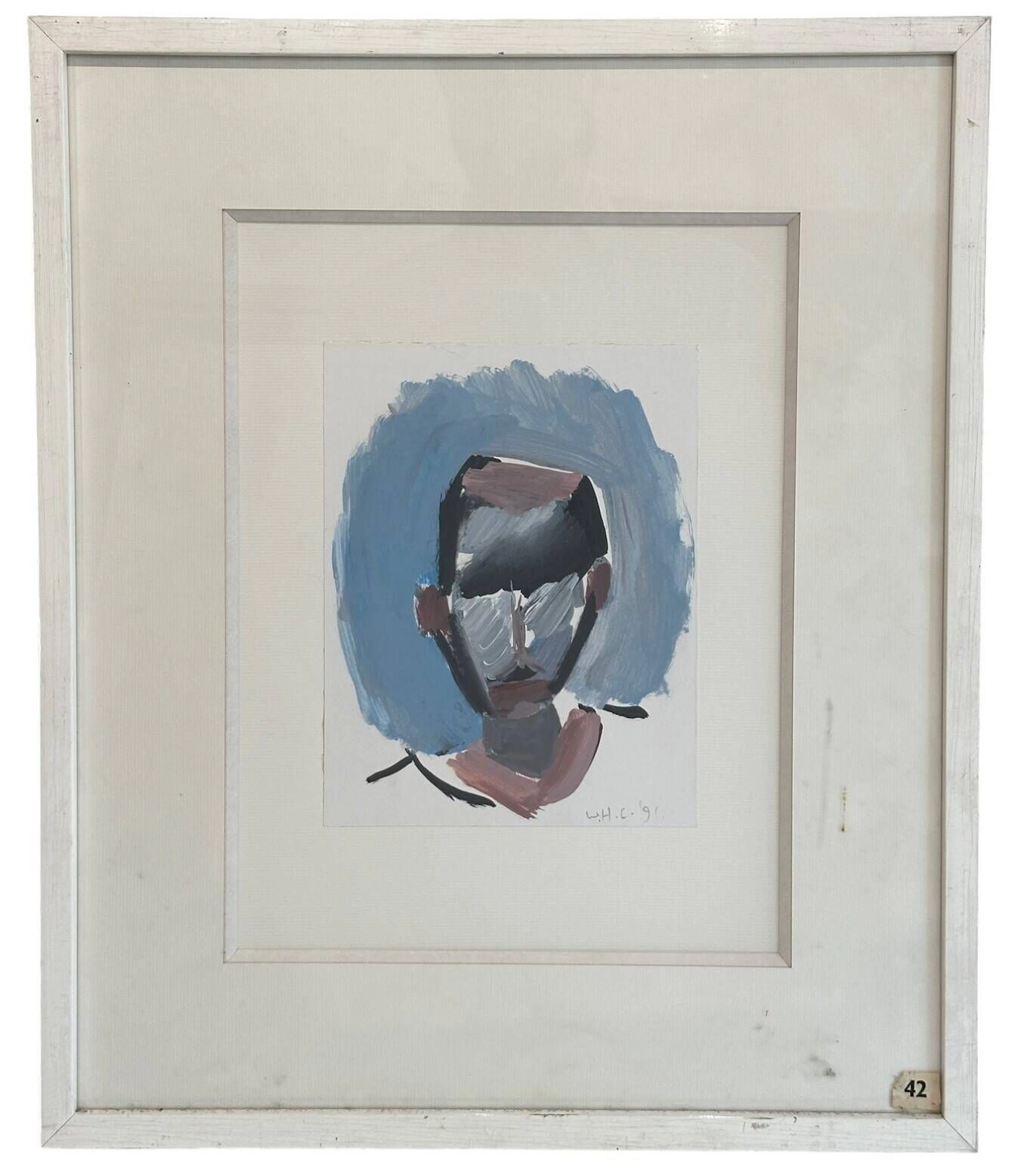 CHATTAWAY William (1927-2019) Portrait d'homme au fond bleu ciel, 91 Gouache sur papier, monogrammé et daté en bas à droite, au dos du cadre, tampon de la Galerie La Trace Claude Lalandre à Paris, ancienne étiquette d'exposition sur la vitre 21 x 16 cm Provenance : vente aux enchères Guy Loudmer, 12 octobre 1994