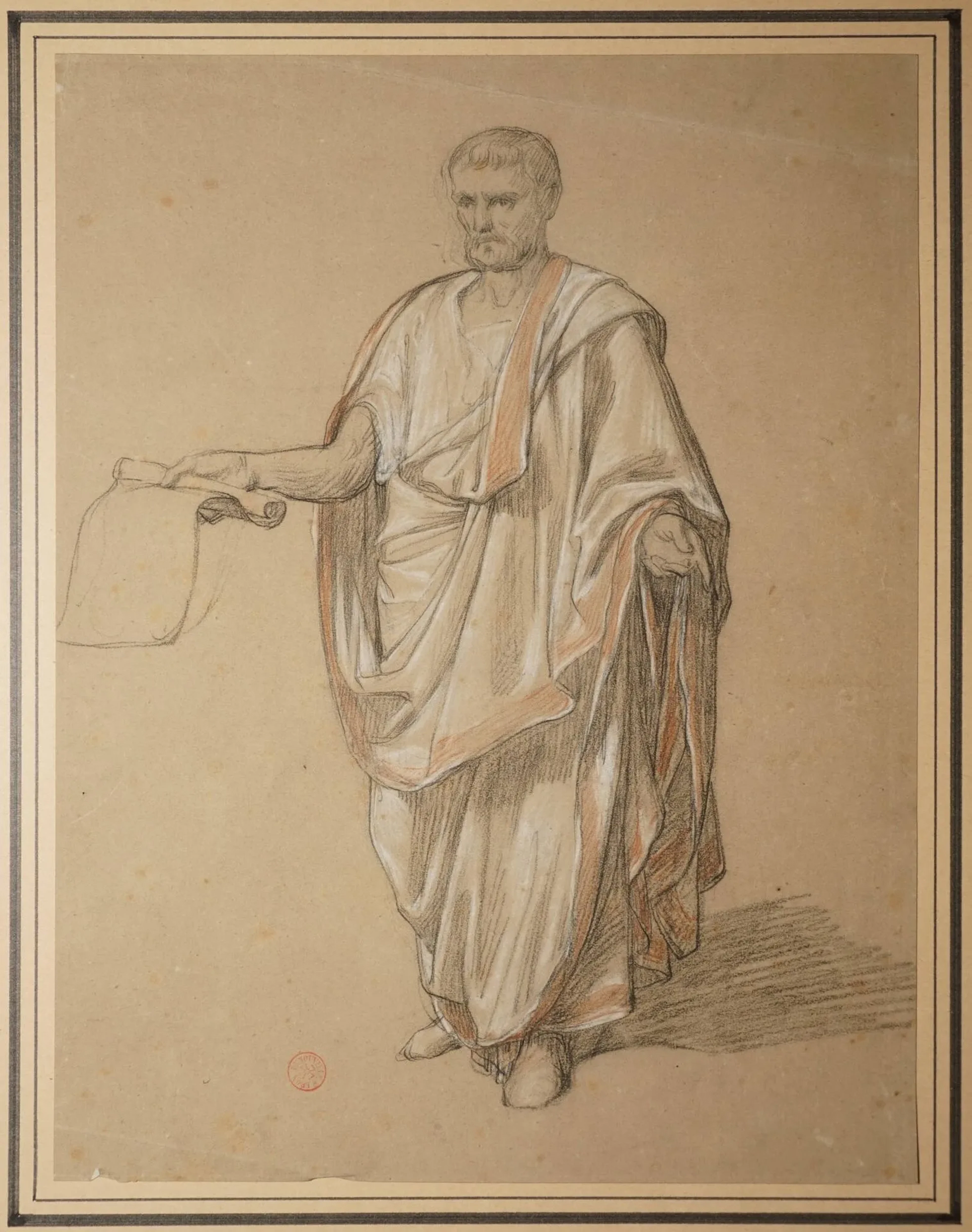 BÉNOUVILLE Léon, 1821-1859, Député du Sénat romain Dessin aux trois crayons sur papier beige (traces de plis et rousseurs), cachet L. Bénouville en bas à gauche, au verso le cachet de la collection Paul et Florence Vercier (L.3607), n°251 et étude lacunaire de femme drapée au crayon noir, 29,5x22,58 cm. PROVENANCE : Galerie Prouté, 26/10/1968, catalogue n°48 pièce n°25. HISTORIQUE : Étude pour la figure du député du Sénat romain dans le tableau Cincinnatus recevant les députés au Sénat, tableau peint en 1844 et conservé au musée des Beaux-Arts de St Lô. .