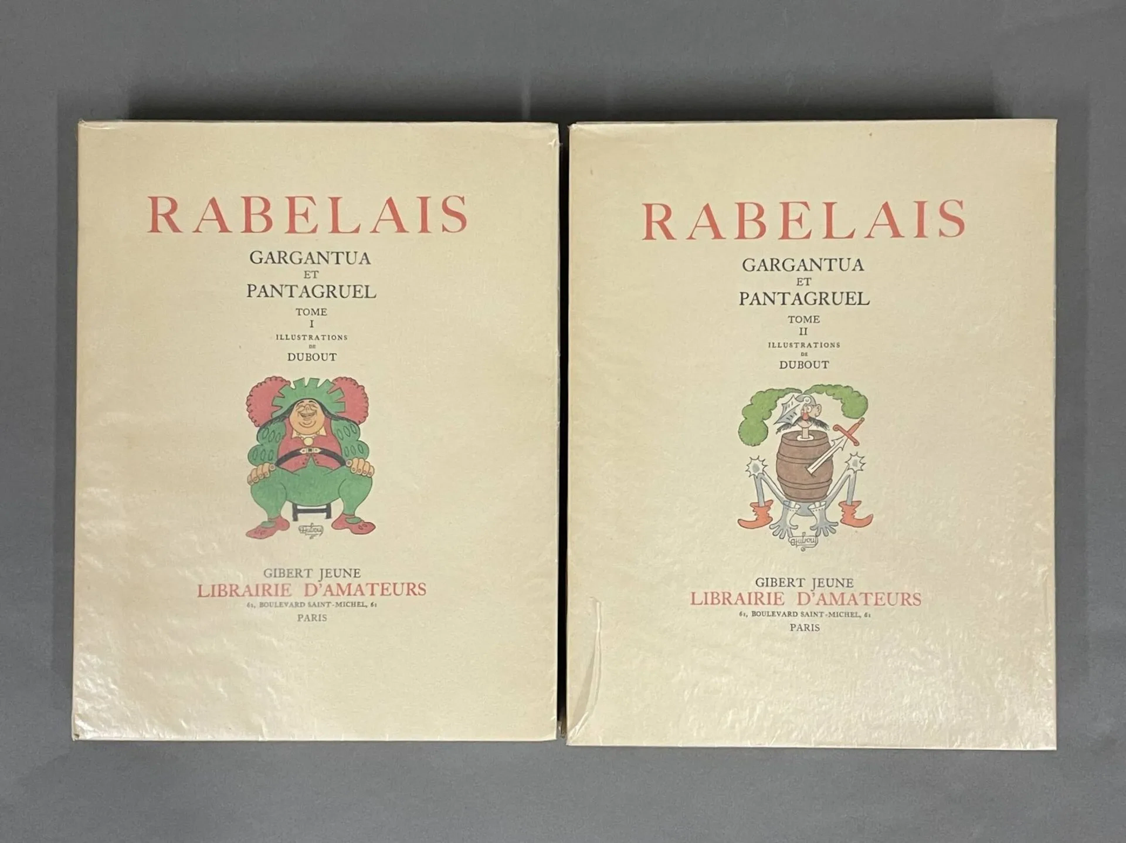 RABELAIS François, illustrations de DUBOUT Pierre Gargantua et Pantagruel, tomes I et II, 2 vol., brochés, illustrés de 160 dessins en couleurs de Dubout. Editions Gibert Jeune, Paris, 1957. Edition limitée à 3000 exemplaires sur Vélin, celui-ci portant le n° 905. Les dos et plats titrés figurent des dessins de Dubout. Sous protection en papier de soie.