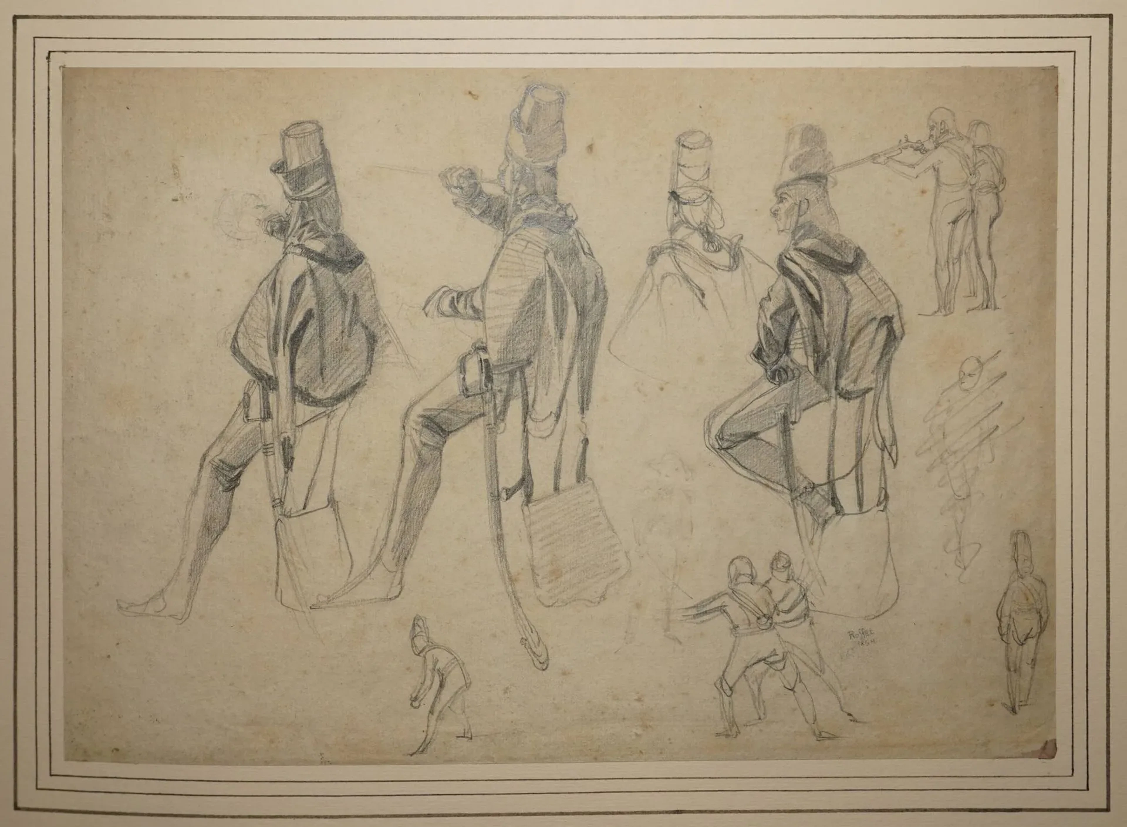 RAFFET Auguste Denis, entourage de, Études de trois cavaliers dont deux trompettes et un au repos, petites figures, 1854, Dessin au crayon noir sur papier crème (rousseurs, filigrane Bouchet), porte une inscription apocryphe en bas à droite: Raffet 1854, au verso le cachet de la collection Paul et Florence Vercier (L.3607), n°319, 23x32,5 cm. ANCIENNE PROVENANCE : Vente Honfleur, Maître Dupuy, 4/11/1973, n°107. EXPOSITION : Le Romantisme, thèmes et variations, peintures, dessins, livres, musée des Beaux-Arts André Malraux, Le Havre, 6-29 février 1988, n°H-11 (d’après les archives Vercier).