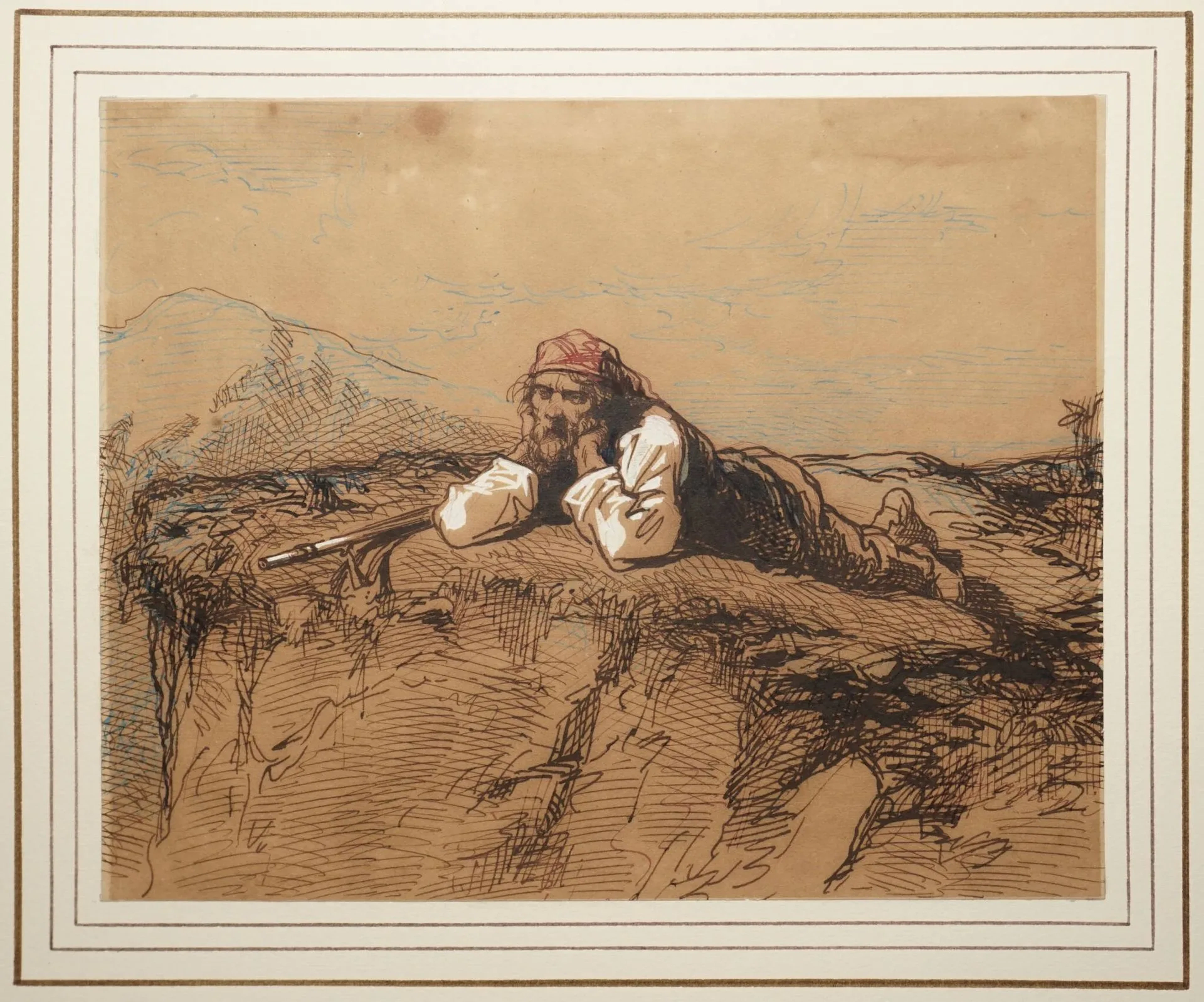 GAVARNI Paul, 1804-1866, Contrebandier aragonais à l'affût, Plume, encres brune, bleue et rouge avec rehauts de blanc sur papier (insolation), signé en bas à droite à l'encre rouge, au verso porte le cachet de la collection Paul et Florence Vercier (L.3607), n°147, 16,5x20,5 cm. PROVENANCE : Galerie Prouté, 24/03/1965. EXPOSITION : Le Romantisme, thèmes et variations, peintures, dessins, livres, musée des Beaux-Arts André Malraux, Le Havre, 6-29 février 1988, n°C-23 (d’après les archives Vercier).