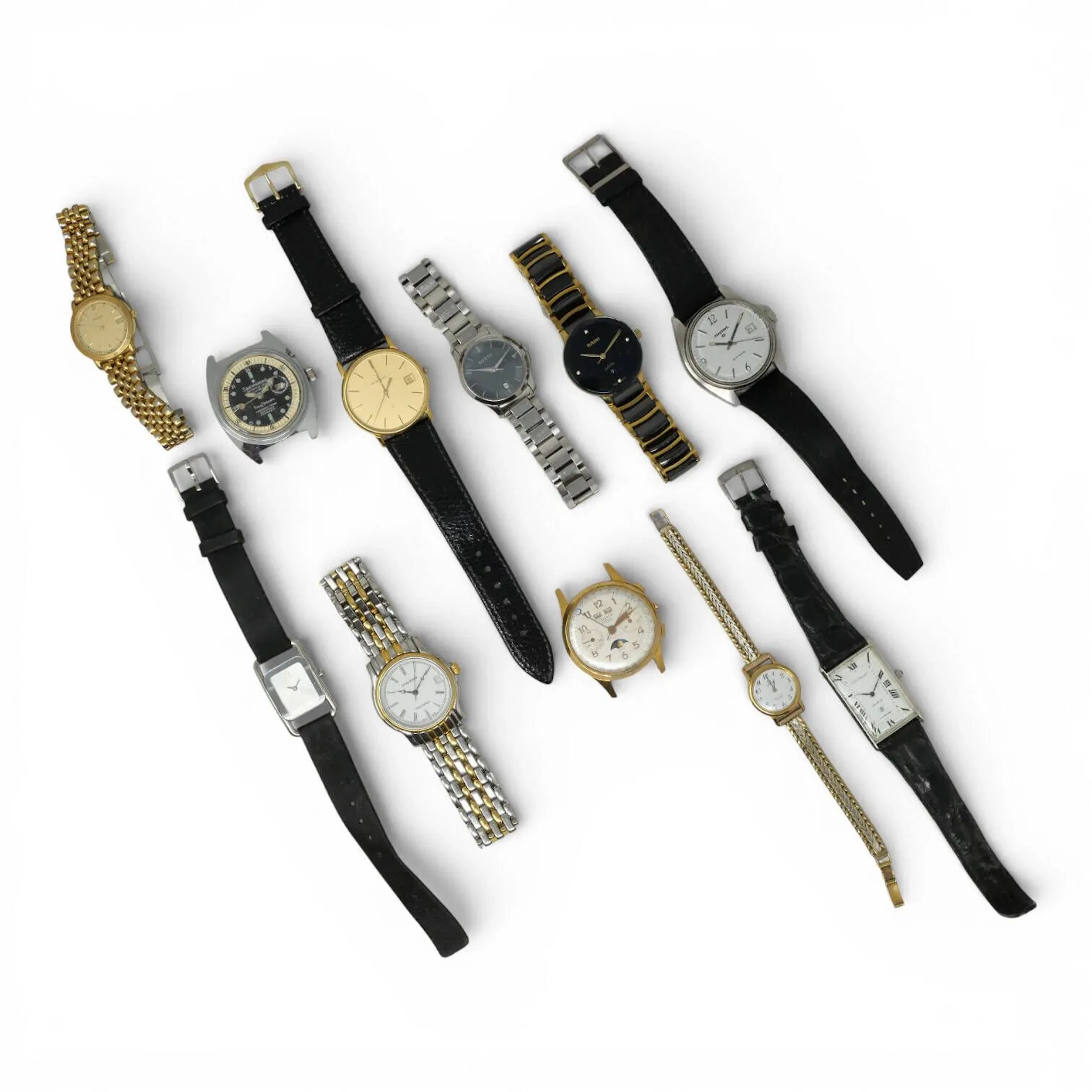 Lot de 11 montres, marques diverses dont PEQUIGNET, ETERNA, OMEGA..., mouvement quartz ou mécanique Vendues en l'état : accidents divers.