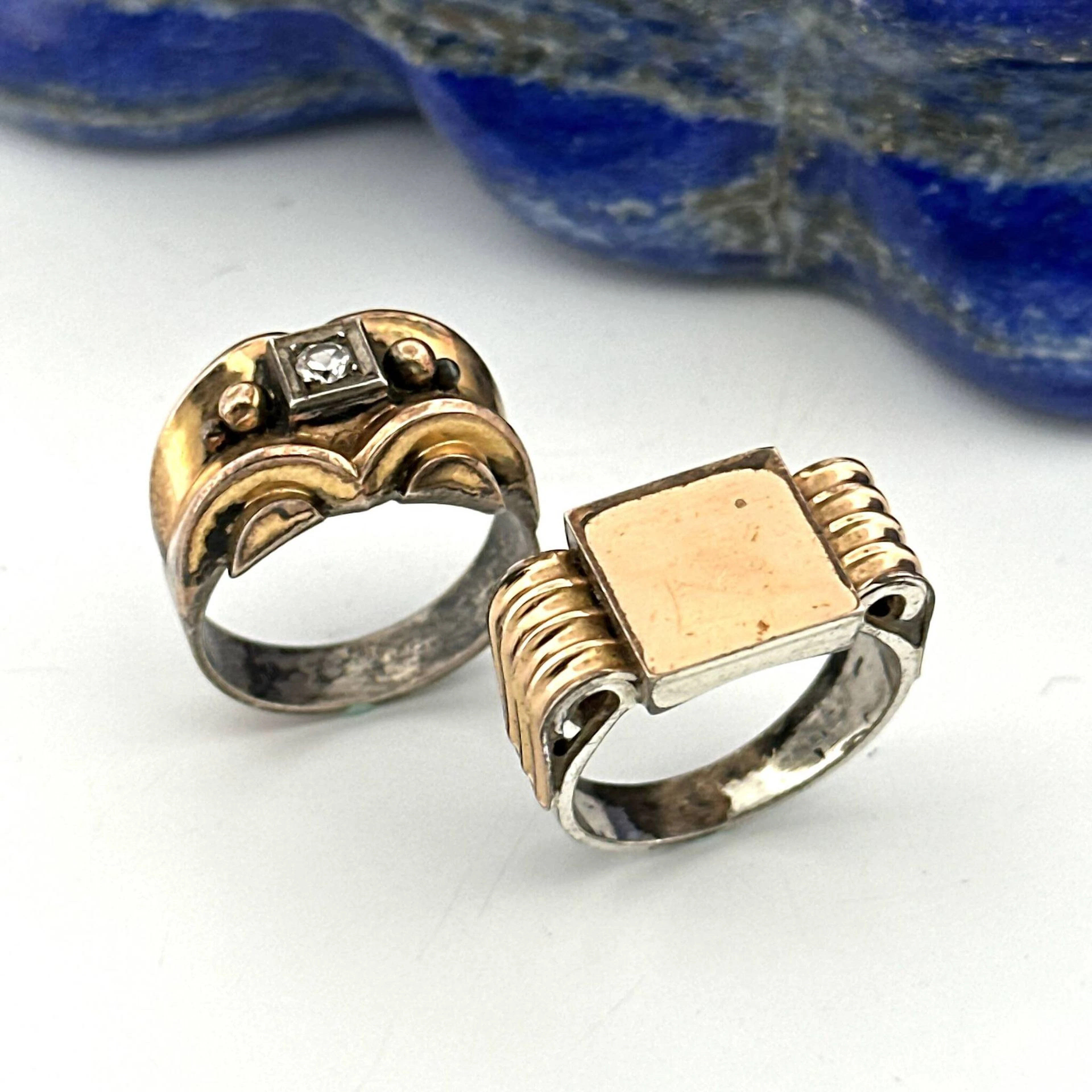 Set of two signet and "tank" rings in rose gold (750) and si - Lot 85