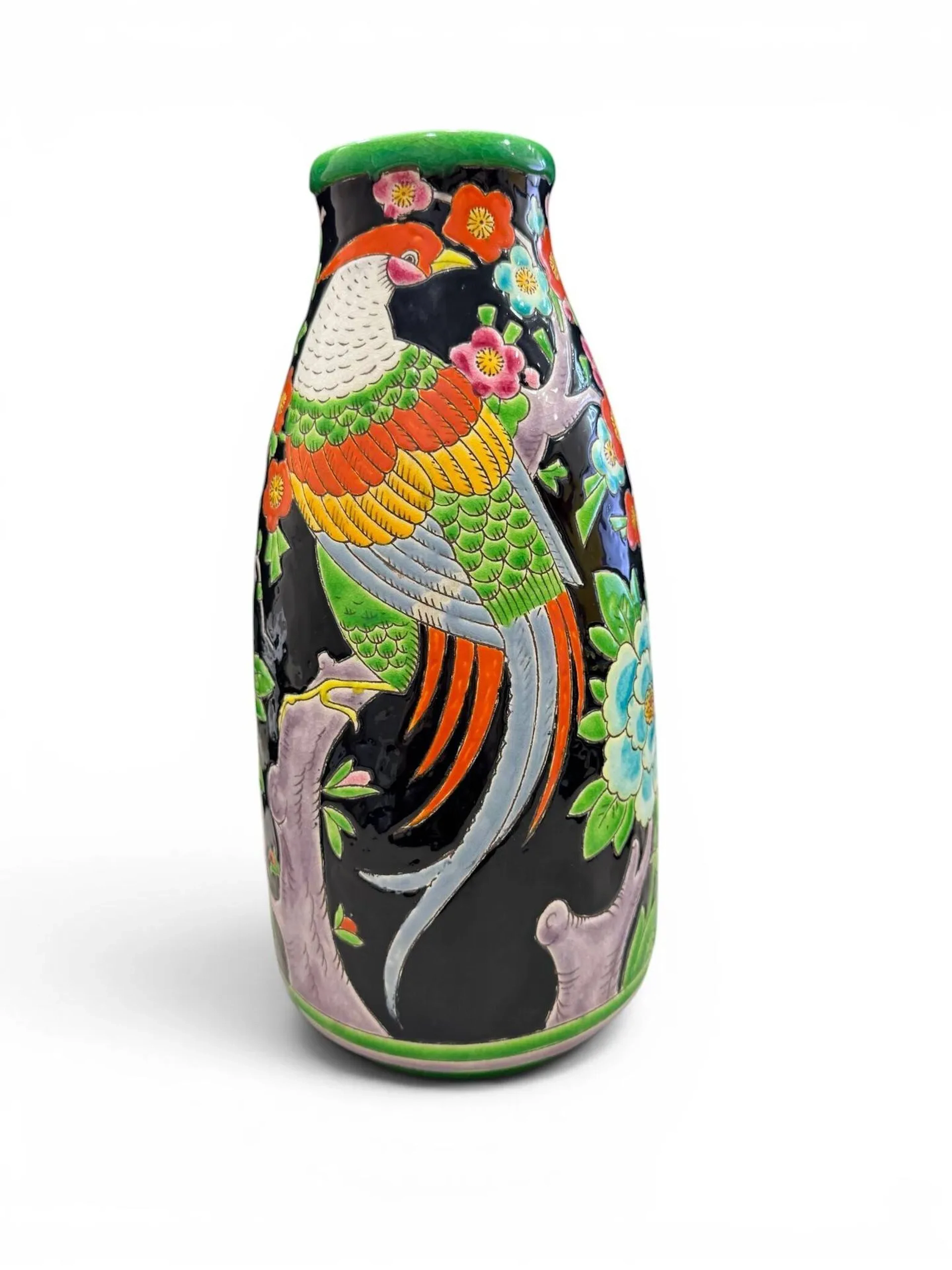 CHARLES CATTEAU (1880-1966) pour KERAMIS - BOCH Frères à LA LOUVIERE Vase tronconique en faïence émaillée polychrome à décor d'oiseaux branchés parmi les fleurs et feuillages sur fond noir, D 1760, marques sur le dessous Ht. : 30 cm